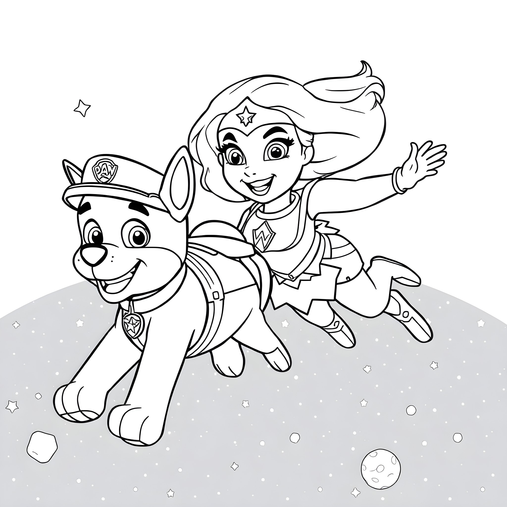 Paw Patrol characters in action pose Coloring Page (free black-and-white line drawing printable PDF for all, from beginners to advanced learners, including children, teens, adults, and seniors)