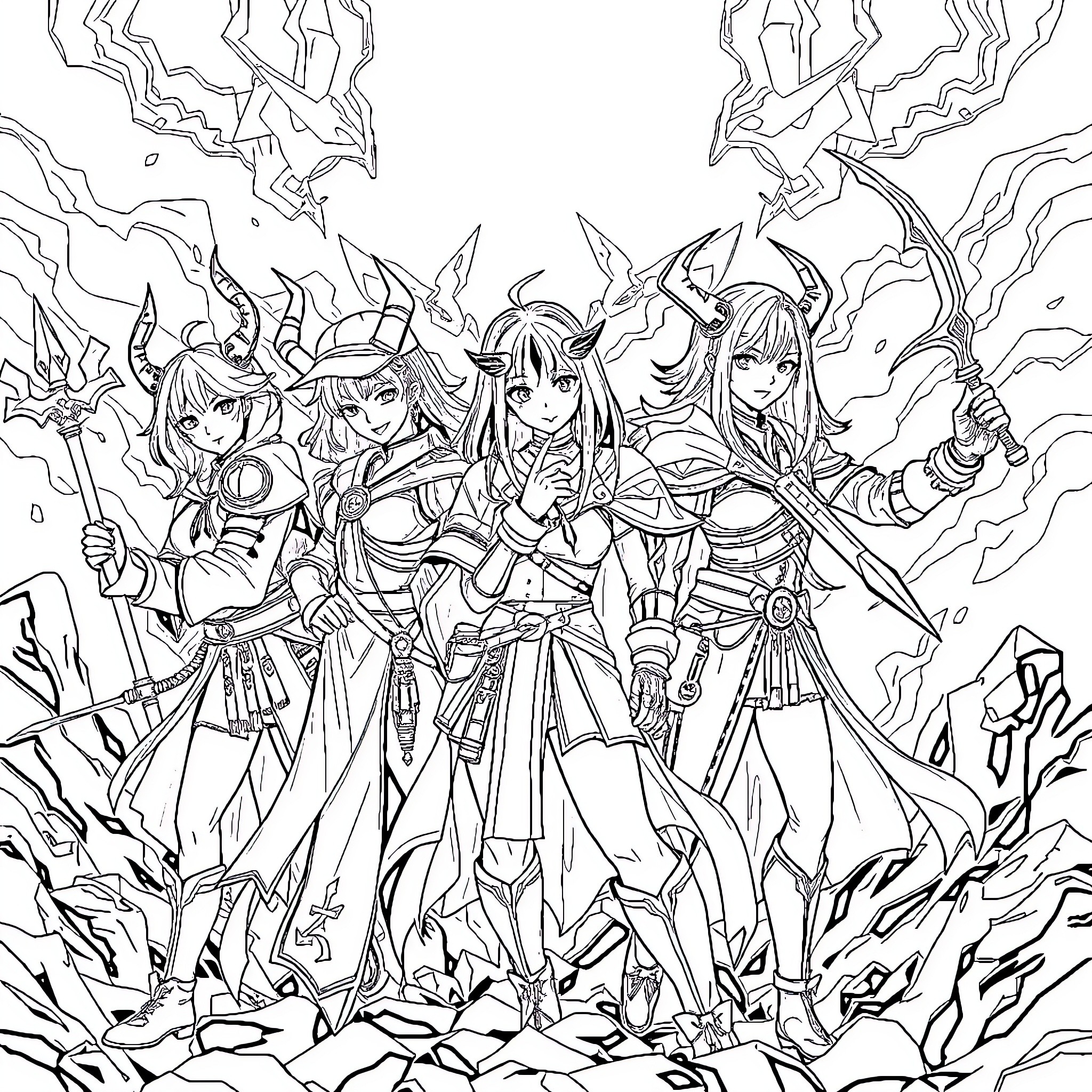 Kpop Demon Hunters in Fierce Battle Coloring Page (free black-and-white line drawing printable PDF for all, from beginners to advanced learners, including children, teens, adults, and seniors)