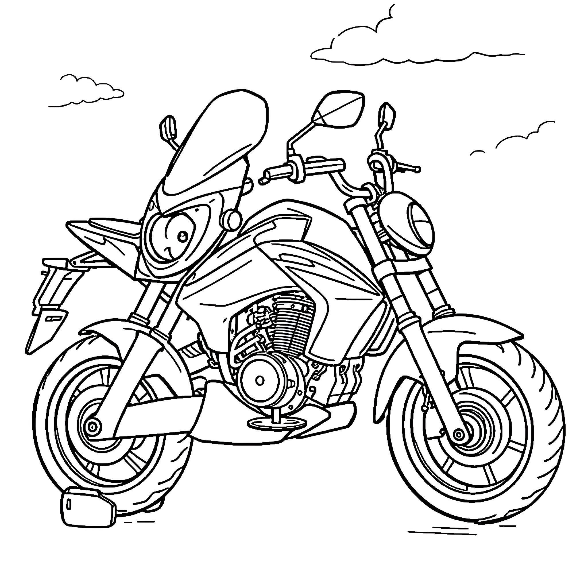 Motorcycle on the open road Coloring Page (free black-and-white line drawing printable PDF for all, from beginners to advanced learners, including children, teens, adults, and seniors)