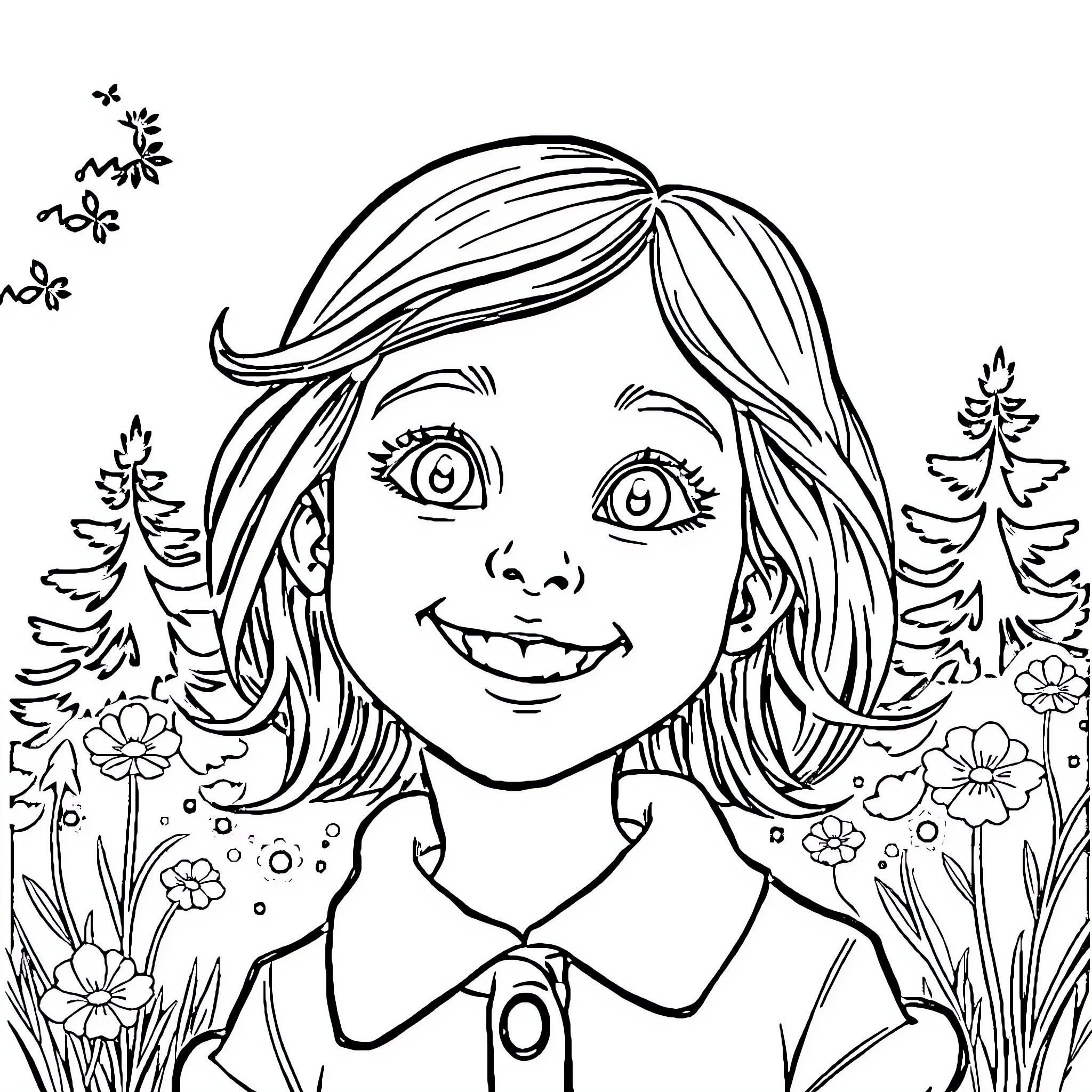 Girl in a nature scene with flowers and trees Coloring Page (free black-and-white line drawing printable PDF for all, from beginners to advanced learners, including children, teens, adults, and seniors)