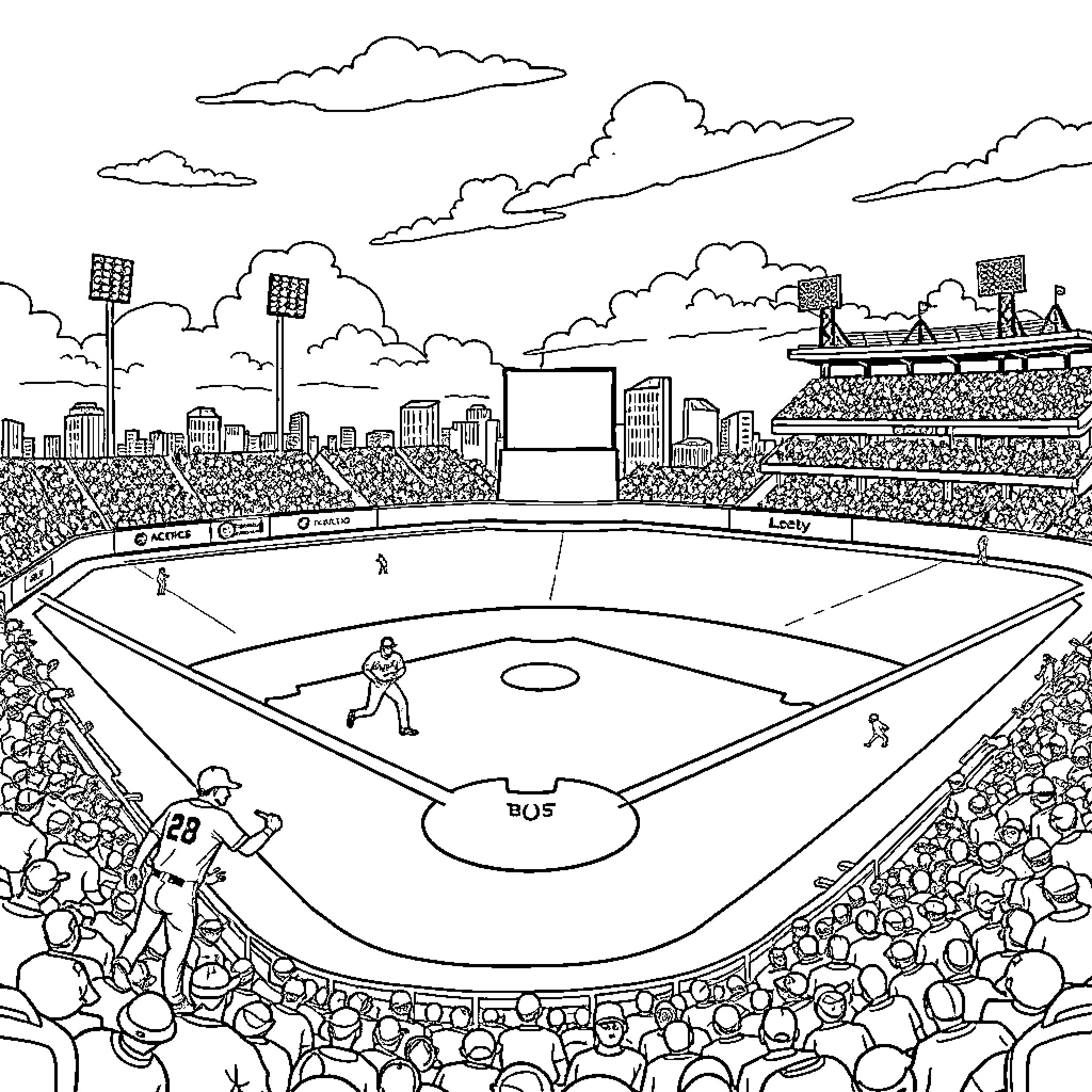 Baseball game in a crowded stadium with city skyline Coloring Page (free black-and-white line drawing printable PDF for all, from beginners to advanced learners, including children, teens, adults, and seniors)