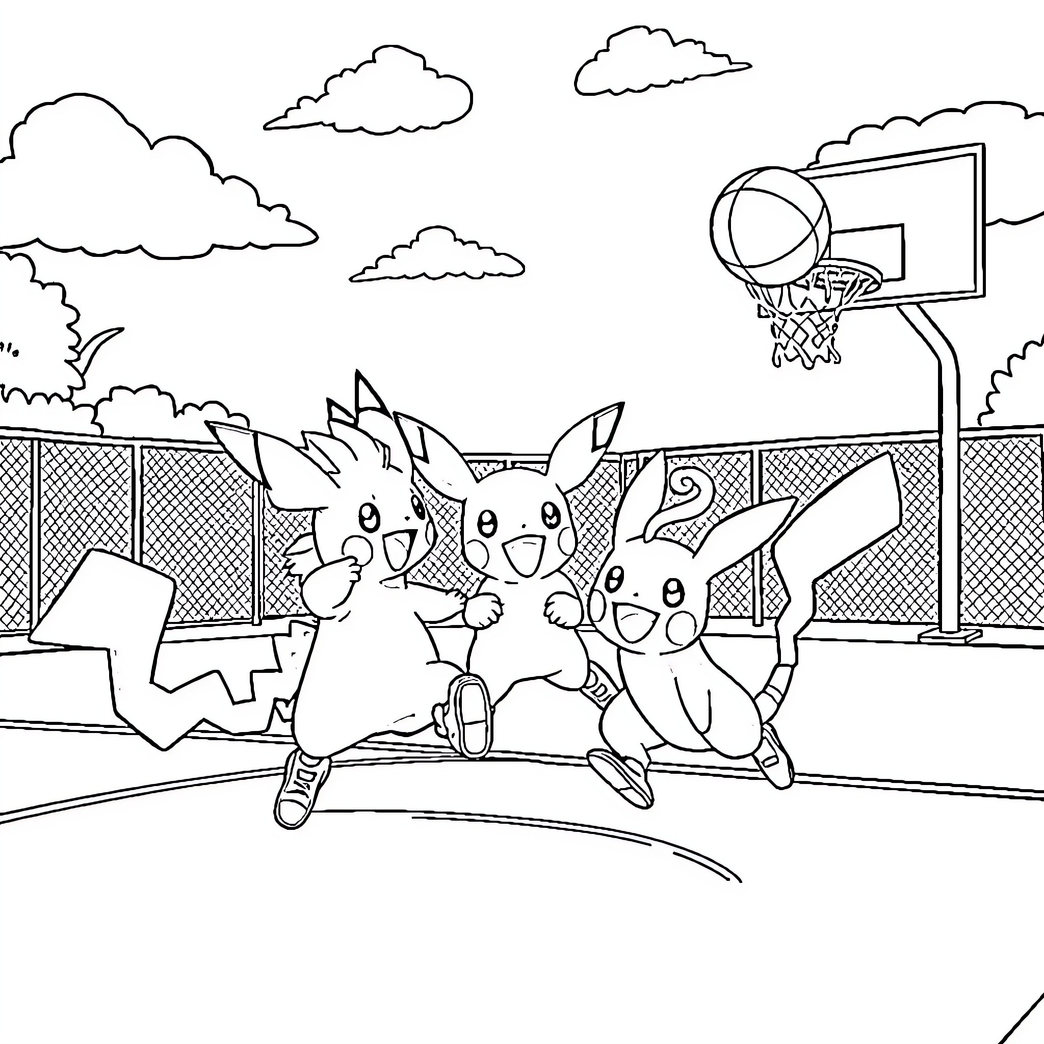 Pokémon playing basketball on outdoor court Coloring Page (free black-and-white line drawing printable PDF for all, from beginners to advanced learners, including children, teens, adults, and seniors)