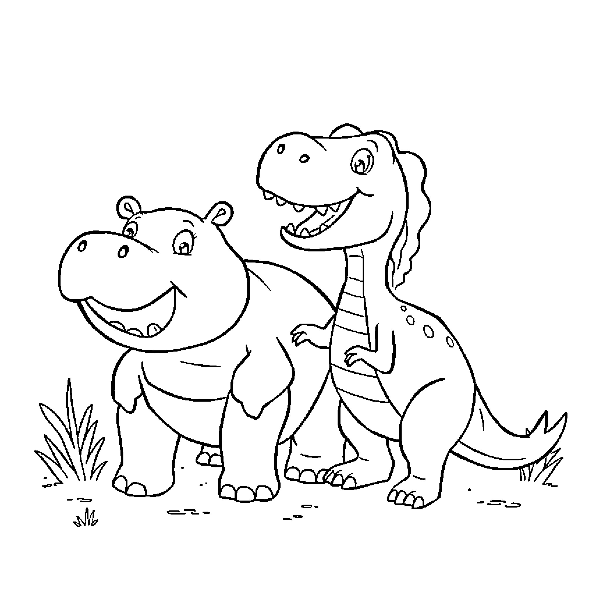 Hippo dinosaurs having fun in the wild Coloring Page (free black-and-white line drawing printable PDF for all, from beginners to advanced learners, including children, teens, adults, and seniors)