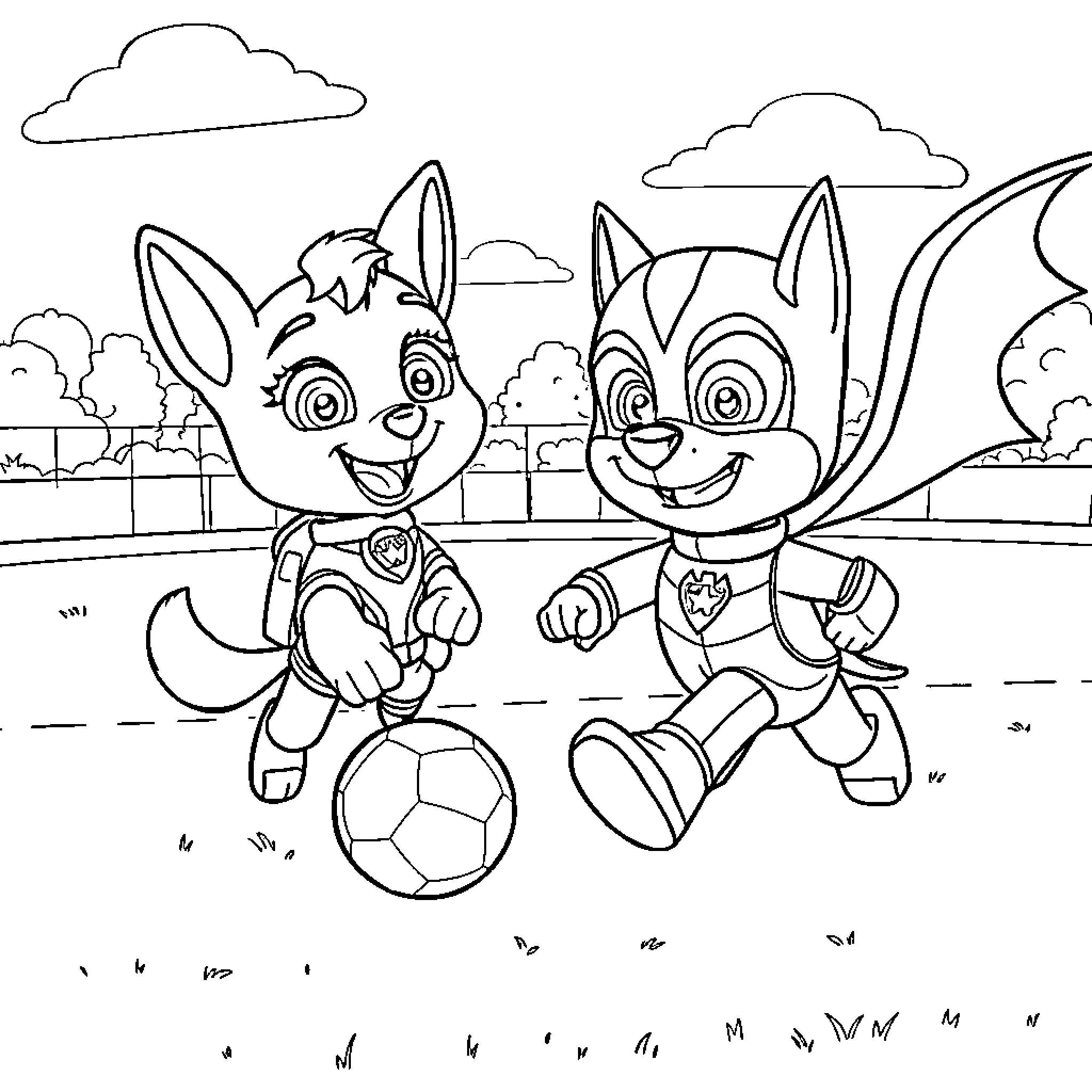 Skye and Everest playing outdoors with a soccer ball Coloring Page (free black-and-white line drawing printable PDF for all, from beginners to advanced learners, including children, teens, adults, and seniors)