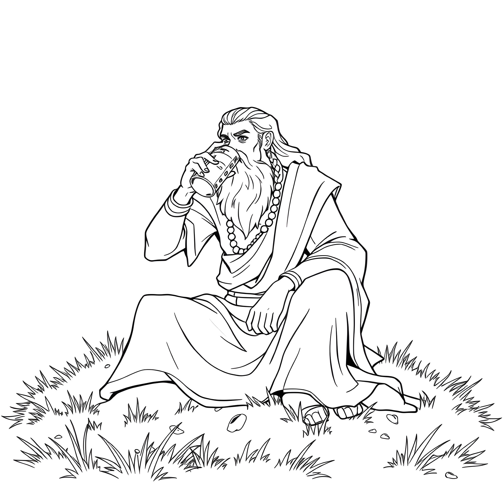 Gantar's contemplative meditation in nature Coloring Page (free black-and-white line drawing printable PDF for all, from beginners to advanced learners, including children, teens, adults, and seniors)