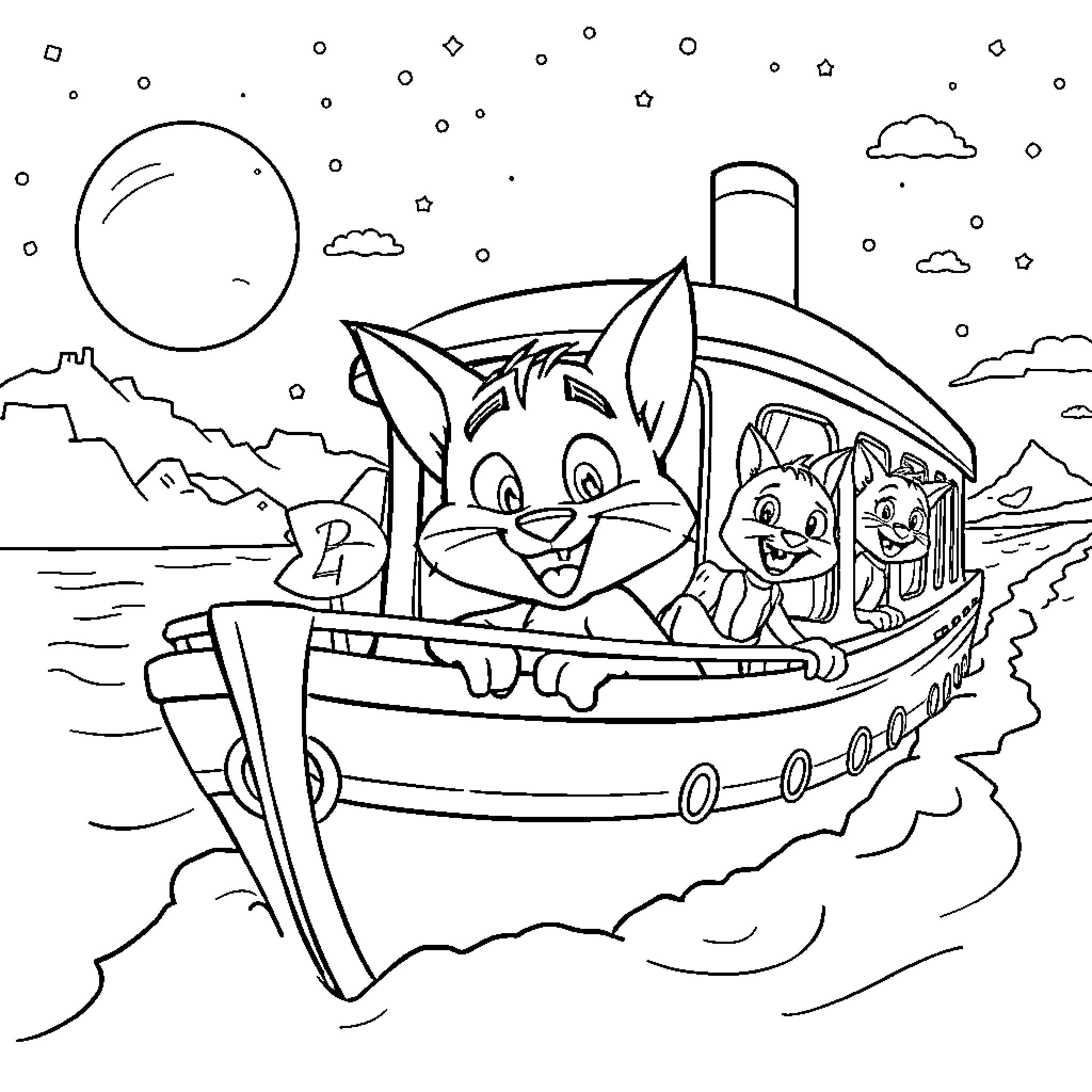 Nave Espacial with Cheerful Animals on a Boat Coloring Page (free black-and-white line drawing printable PDF for all, from beginners to advanced learners, including children, teens, adults, and seniors)