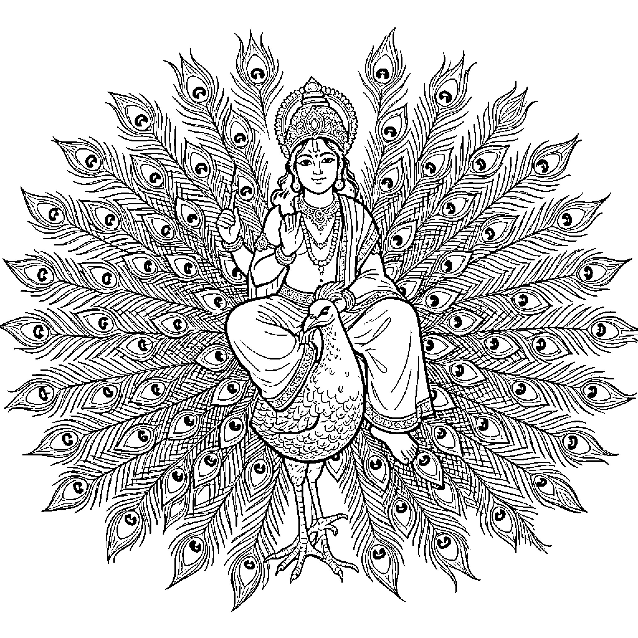 Krishna sitting gracefully with a peacock and fan of feathers Coloring Page (free black-and-white line drawing printable PDF for all, from beginners to advanced learners, including children, teens, adults, and seniors)