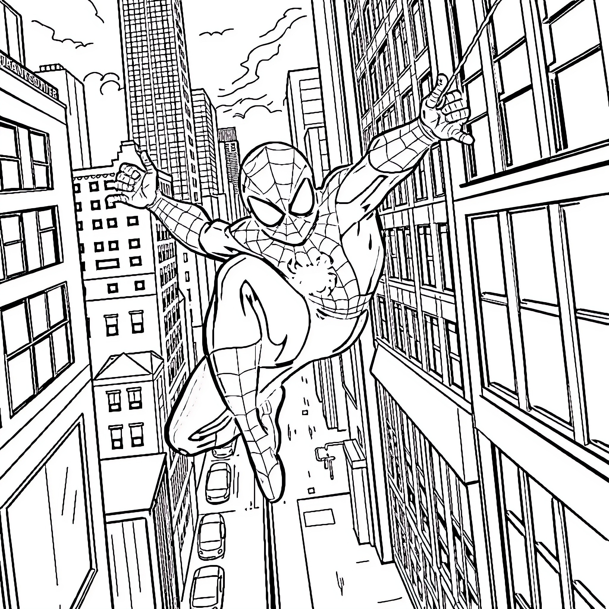 Spider-Man swinging through the city skyline Coloring Page (free black-and-white line drawing printable PDF for all, from beginners to advanced learners, including children, teens, adults, and seniors)