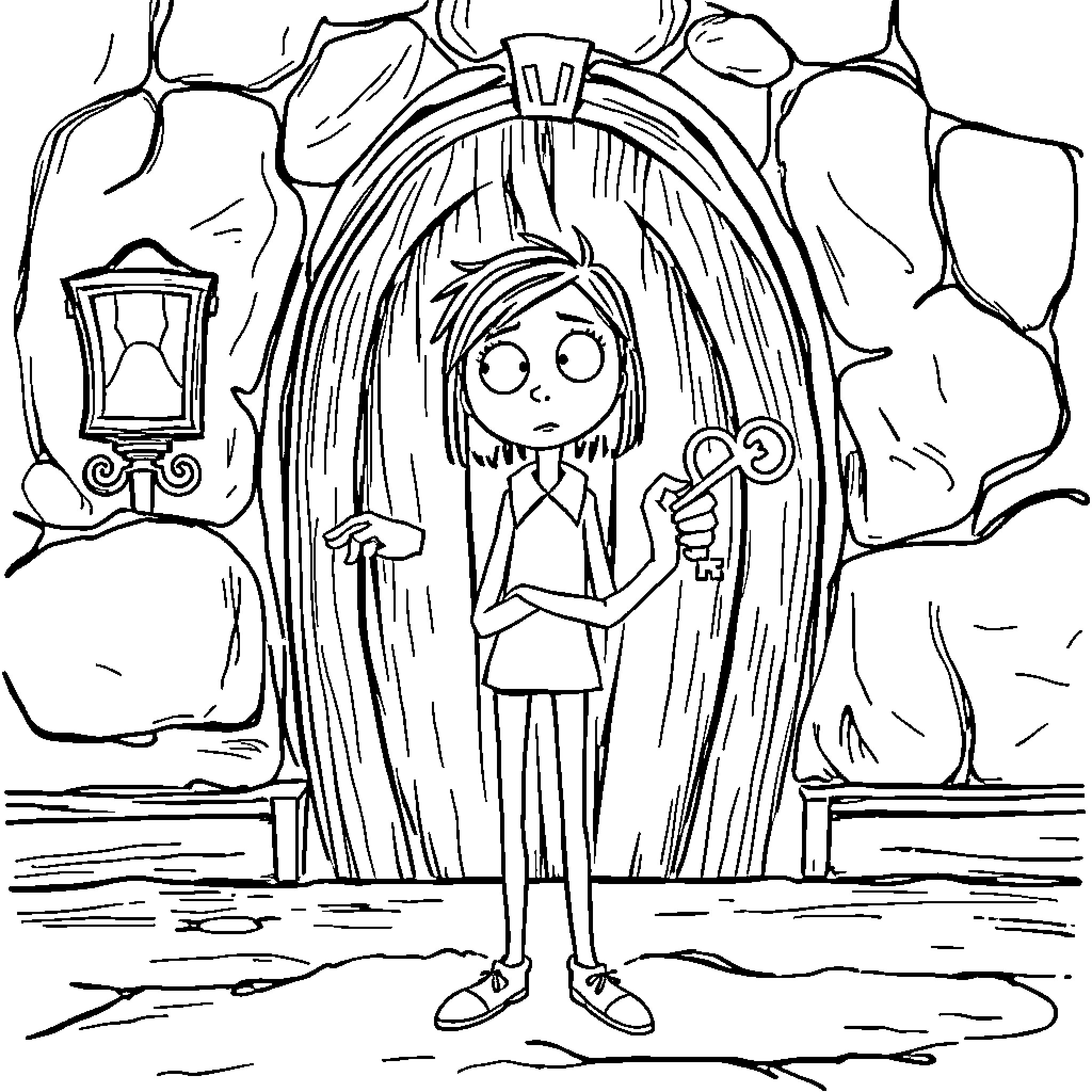 Coraline exploring a mysterious other world Coloring Page (free black-and-white line drawing printable PDF for all, from beginners to advanced learners, including children, teens, adults, and seniors)