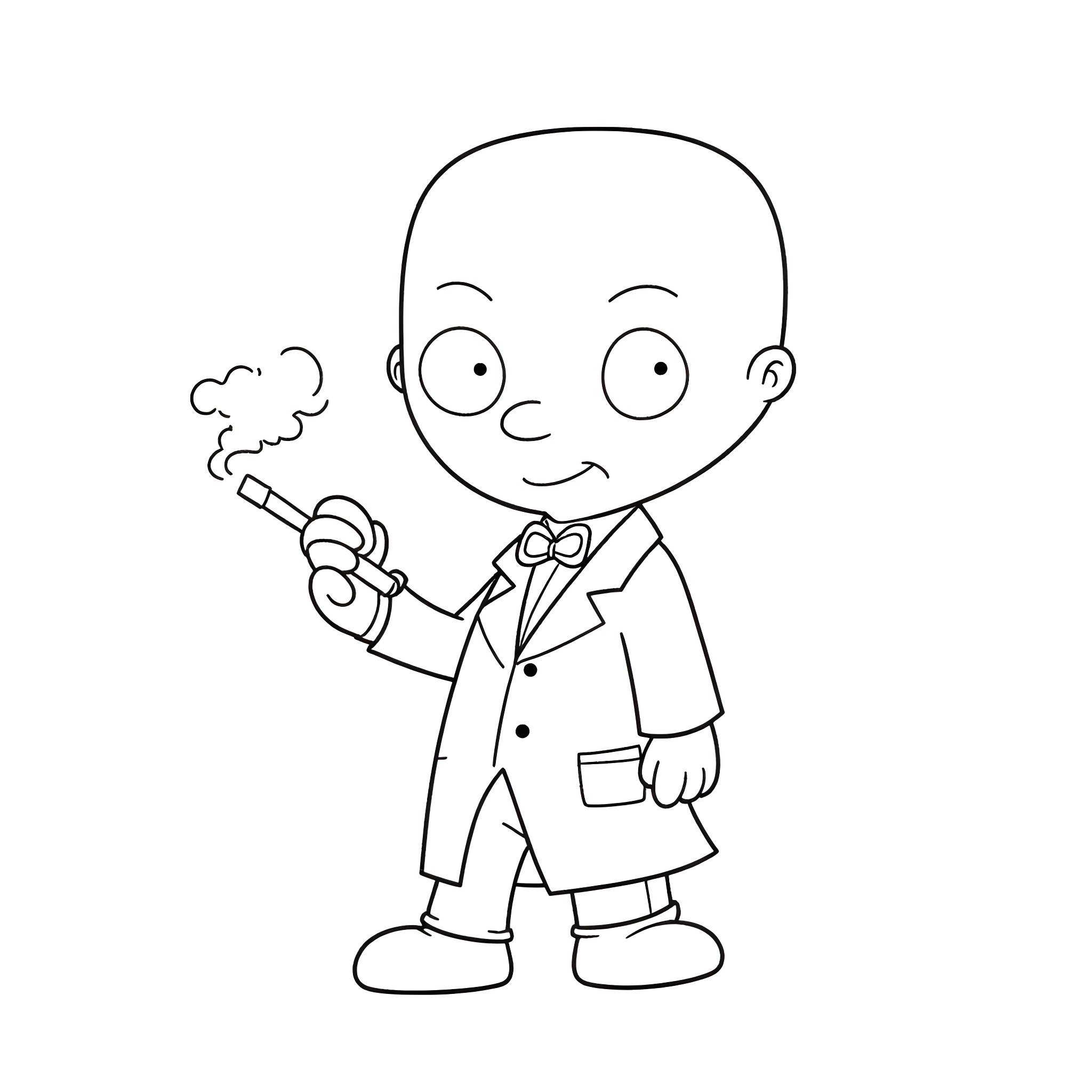 Stewie in a Suit Smoking a Pipe Coloring Page (free black-and-white line drawing printable PDF for all, from beginners to advanced learners, including children, teens, adults, and seniors)