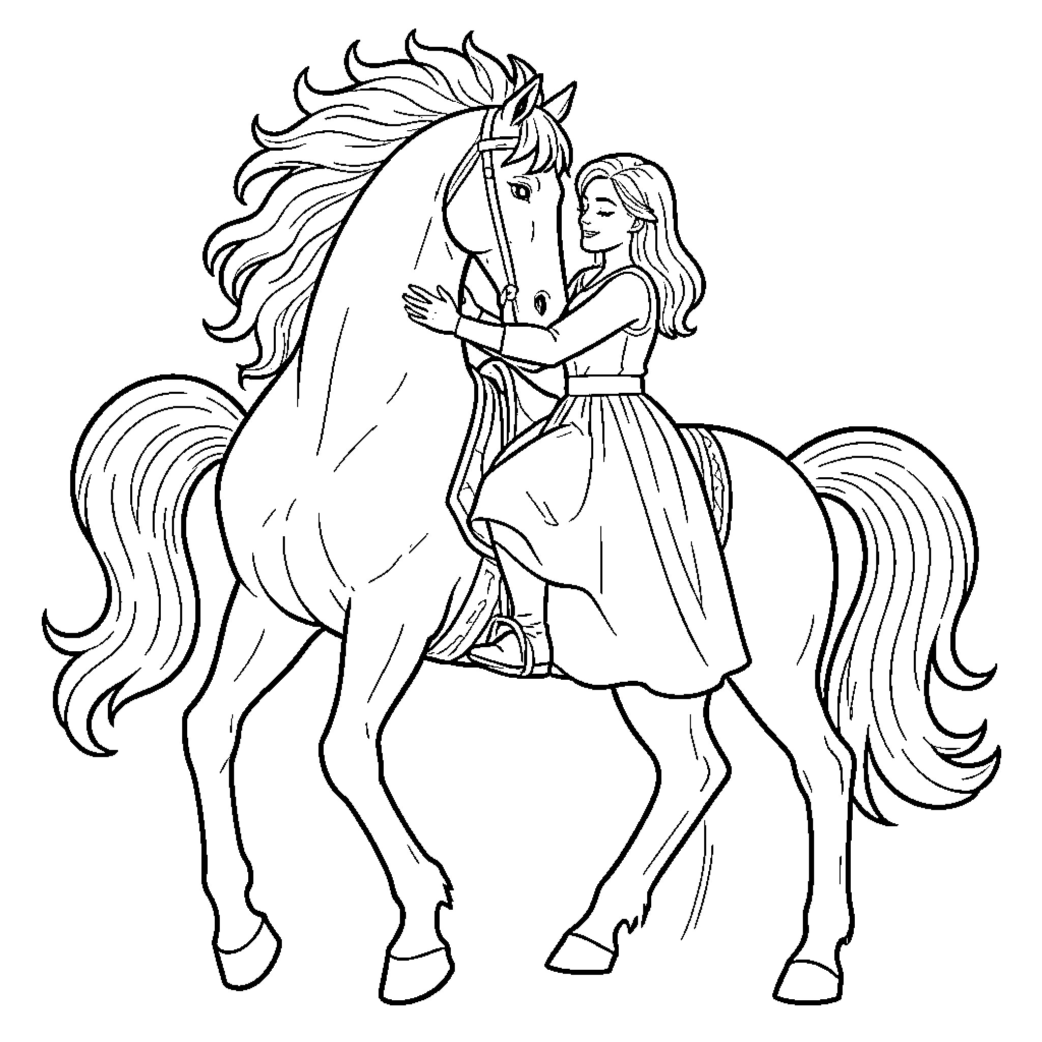 Horse being hugged by a smiling young girl Coloring Page (free black-and-white line drawing printable PDF for all, from beginners to advanced learners, including children, teens, adults, and seniors)
