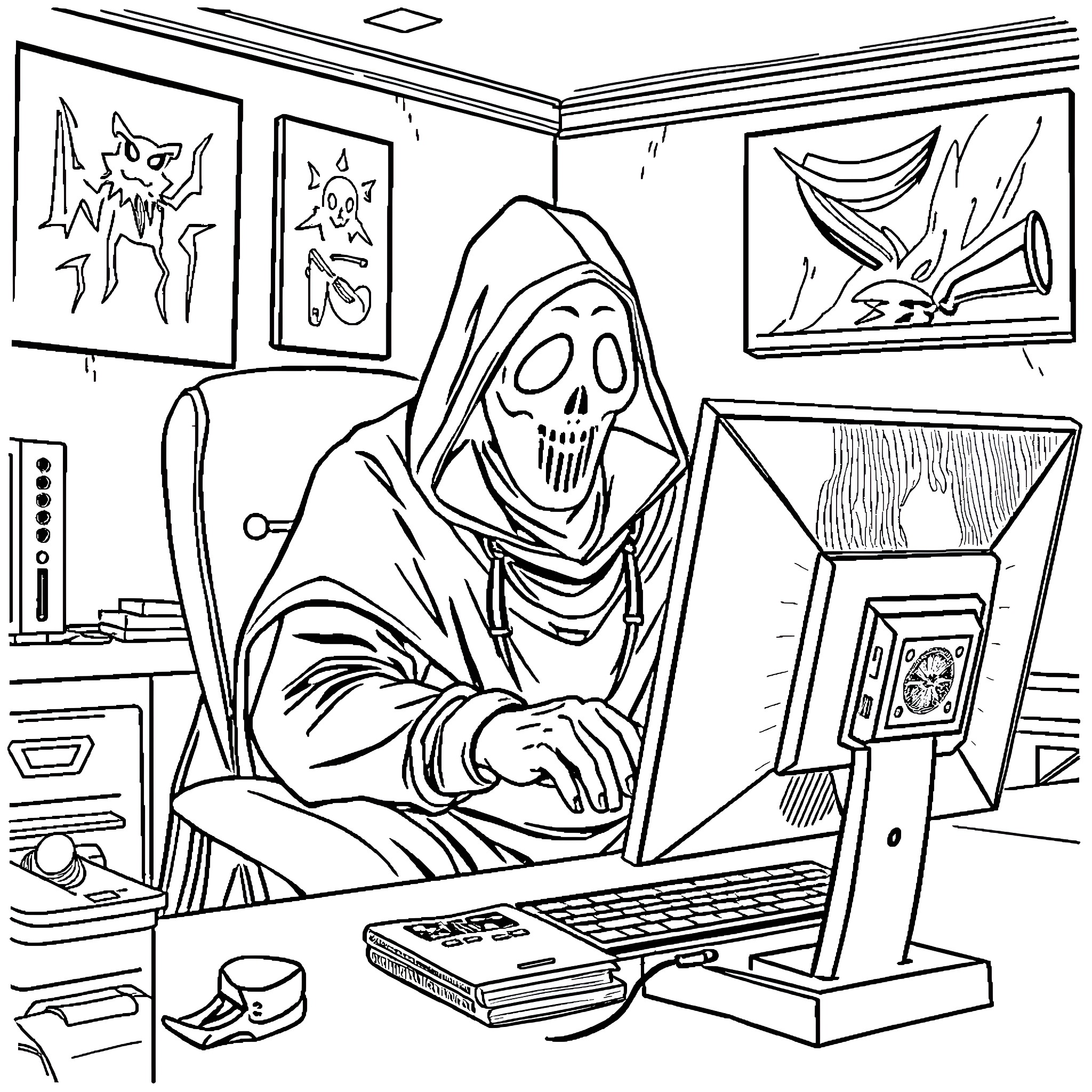 Ghostface using computer in eerie office setting Coloring Page (free black-and-white line drawing printable PDF for all, from beginners to advanced learners, including children, teens, adults, and seniors)