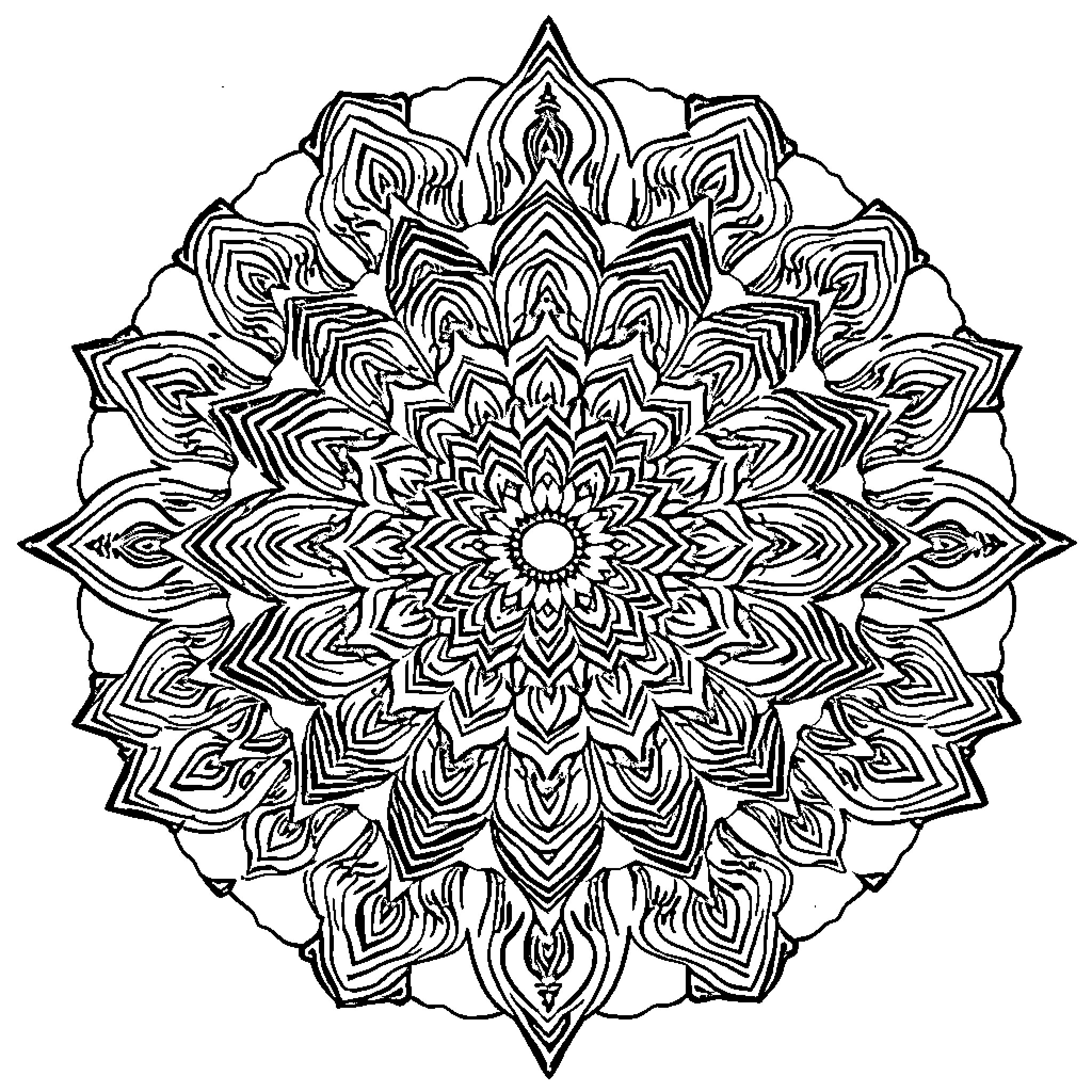 Mandala of intricate symmetrical patterns Coloring Page (free black-and-white line drawing printable PDF for all, from beginners to advanced learners, including children, teens, adults, and seniors)