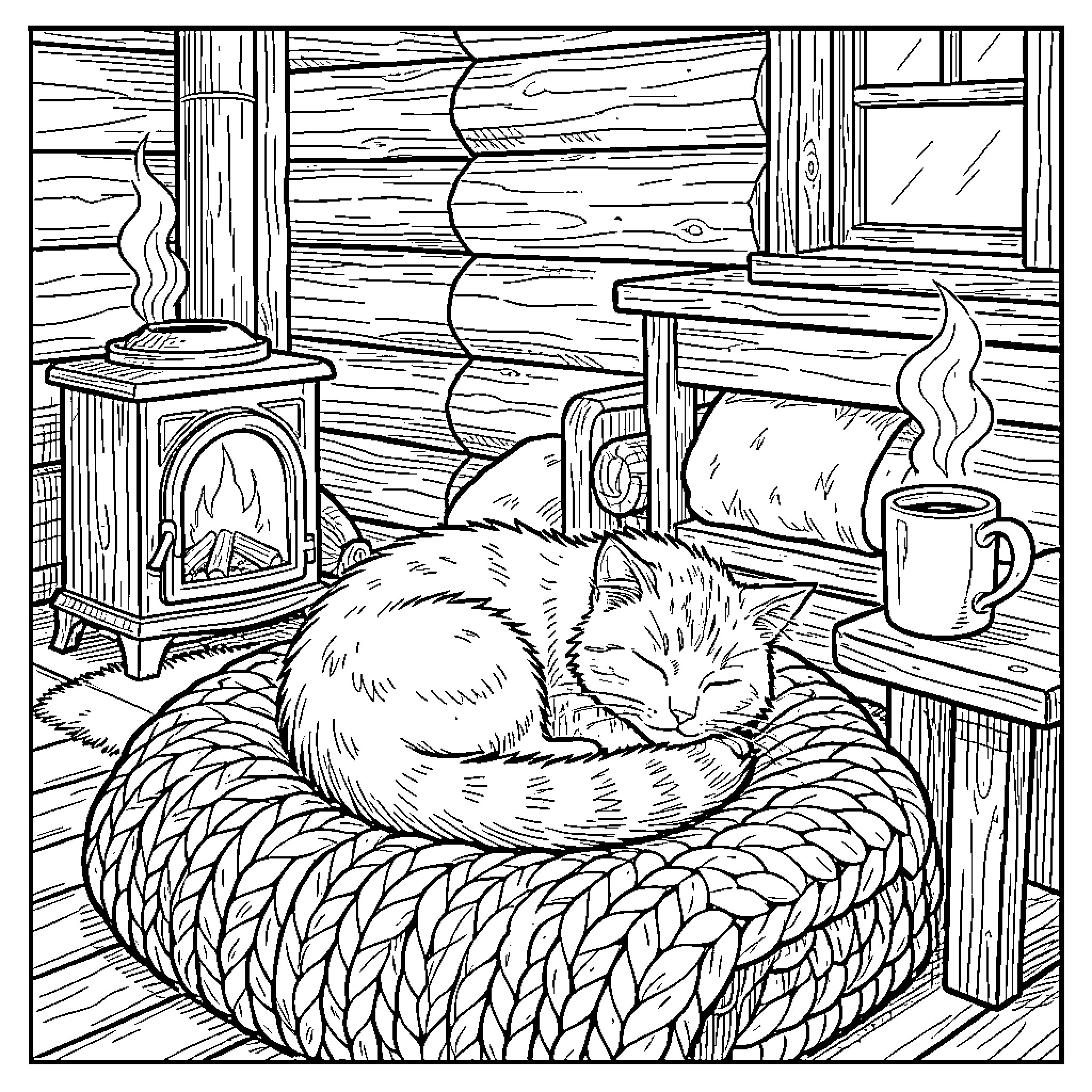Cat napping peacefully by the fireplace Coloring Page (free black-and-white line drawing printable PDF for all, from beginners to advanced learners, including children, teens, adults, and seniors)