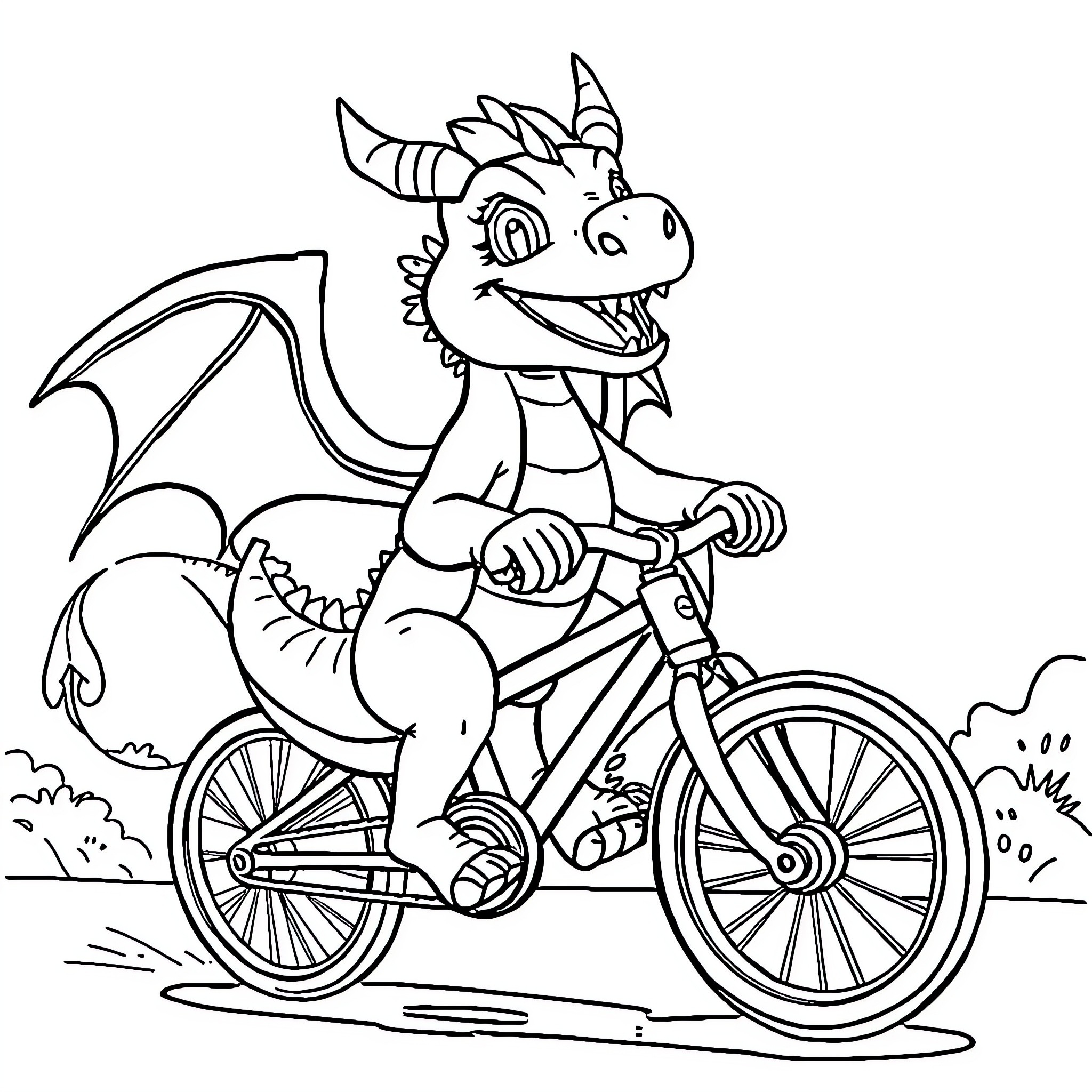 Dragon riding a bicycle through the countryside Coloring Page (free black-and-white line drawing printable PDF for all, from beginners to advanced learners, including children, teens, adults, and seniors)