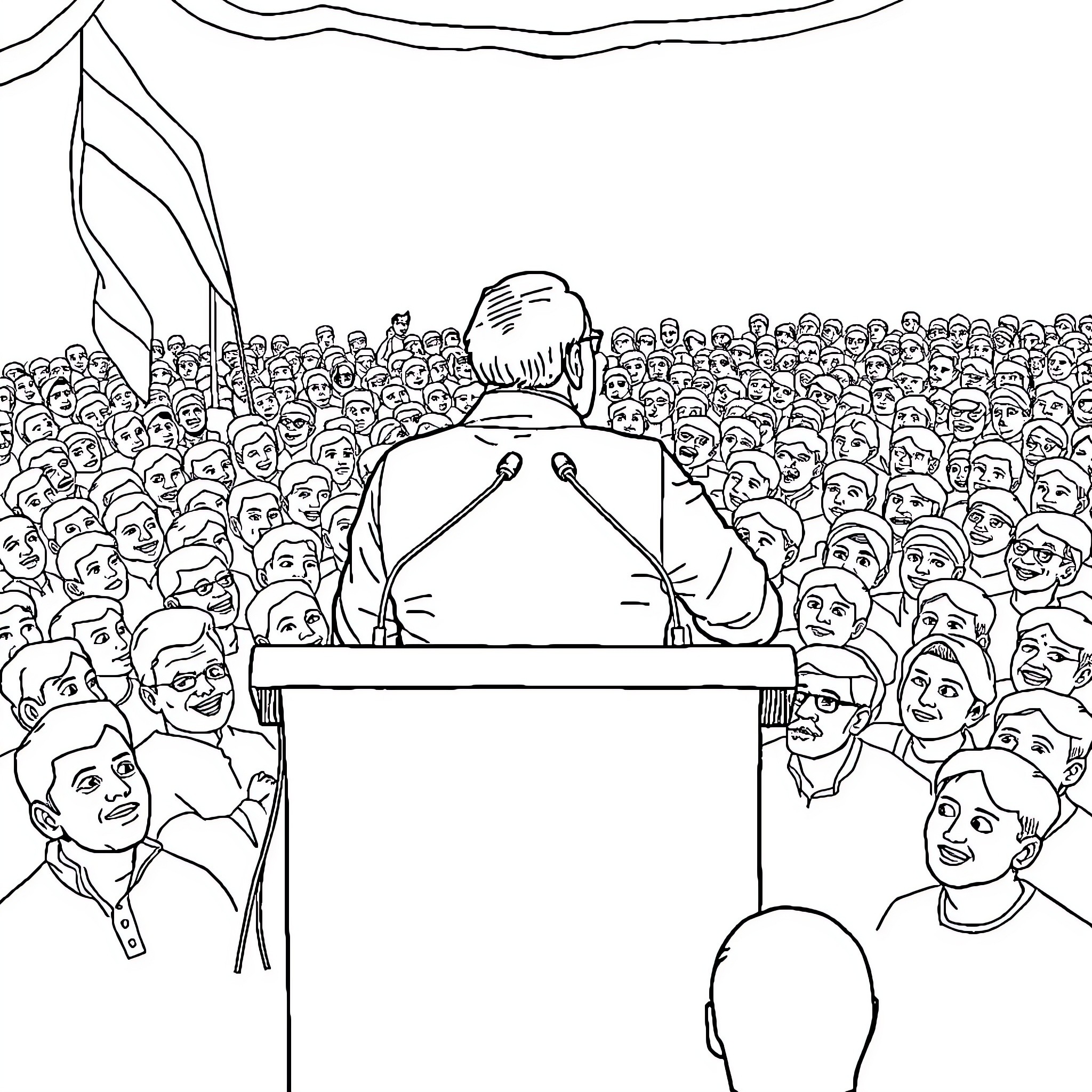 Narendra Modi addressing a large crowd on stage Coloring Page (free black-and-white line drawing printable PDF for all, from beginners to advanced learners, including children, teens, adults, and seniors)