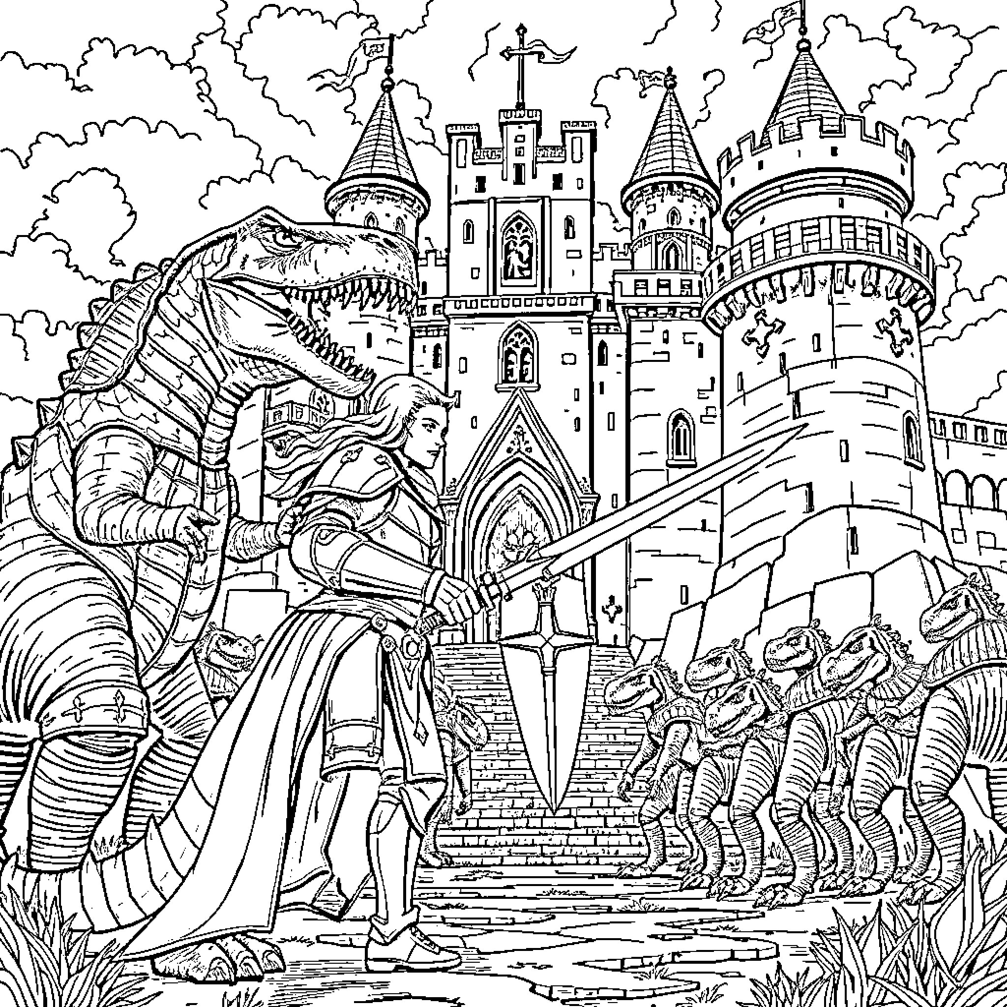 Knight Confronting Mythical Creatures at Enchanted Castle Coloring Page (free black-and-white line drawing printable PDF for all, from beginners to advanced learners, including children, teens, adults, and seniors)
