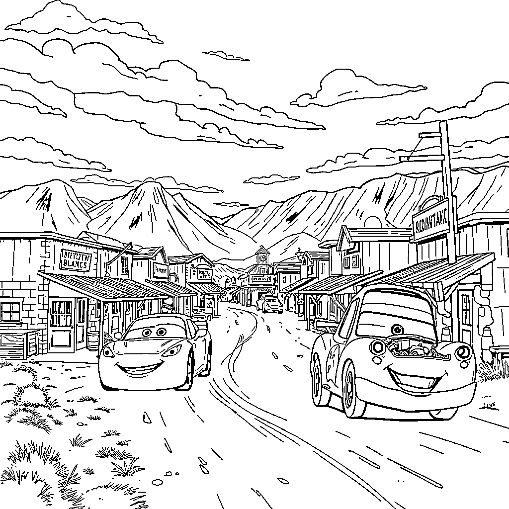 Radiator Springs cars driving through a desert town Coloring Page (free black-and-white line drawing printable PDF for all, from beginners to advanced learners, including children, teens, adults, and seniors)