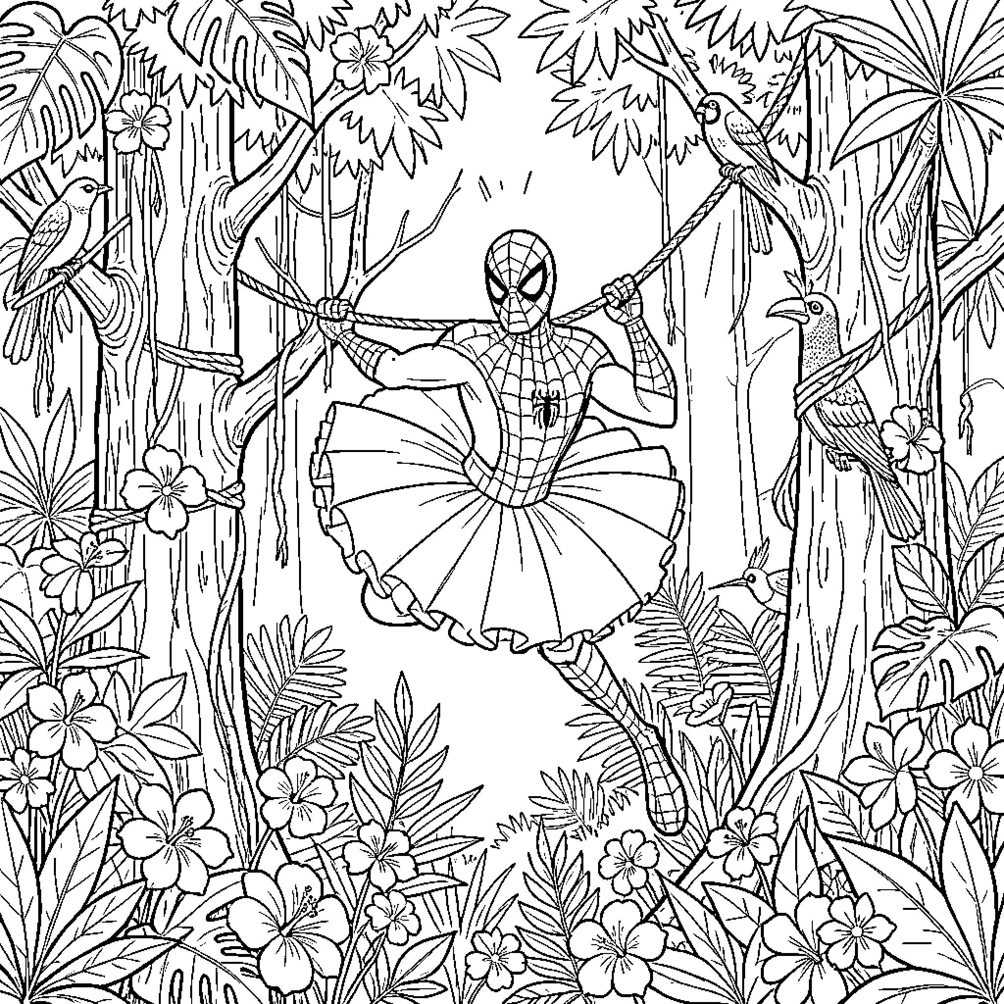 Spiderman swinging through a lush tropical jungle Coloring Page (free black-and-white line drawing printable PDF for all, from beginners to advanced learners, including children, teens, adults, and seniors)