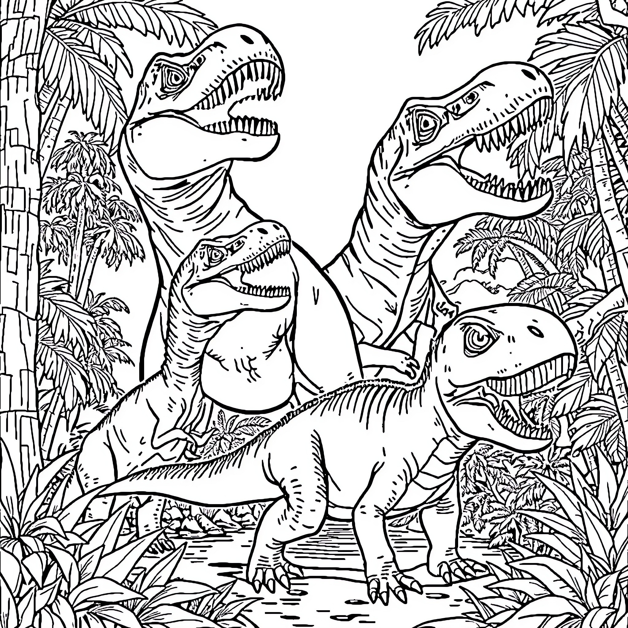 Dinosaurs Roaring in the Prehistoric Jungle Coloring Page (free black-and-white line drawing printable PDF for all, from beginners to advanced learners, including children, teens, adults, and seniors)