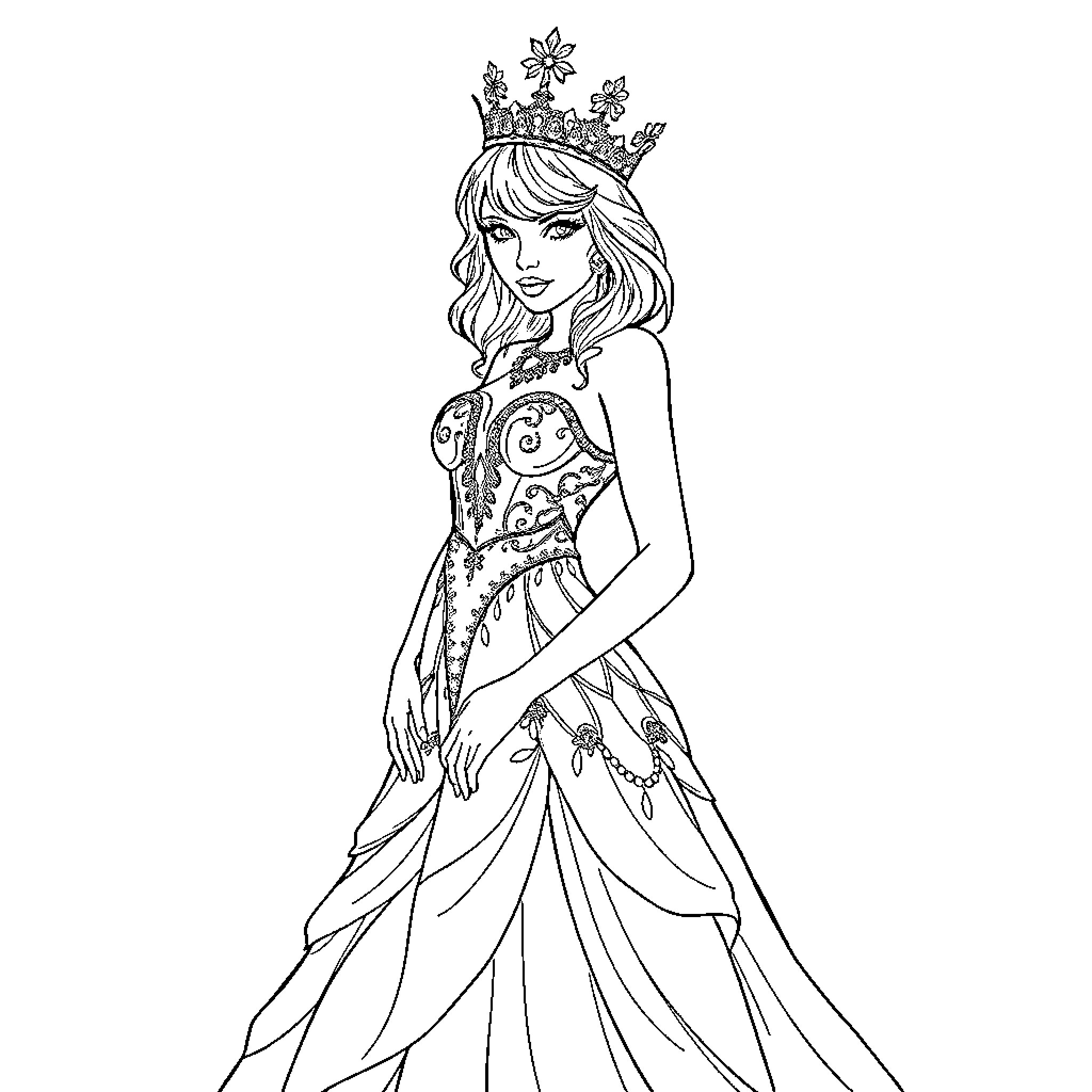 Taylor Swift as a Winter Queen in Elegant Gown Coloring Page (free black-and-white line drawing printable PDF for all, from beginners to advanced learners, including children, teens, adults, and seniors)