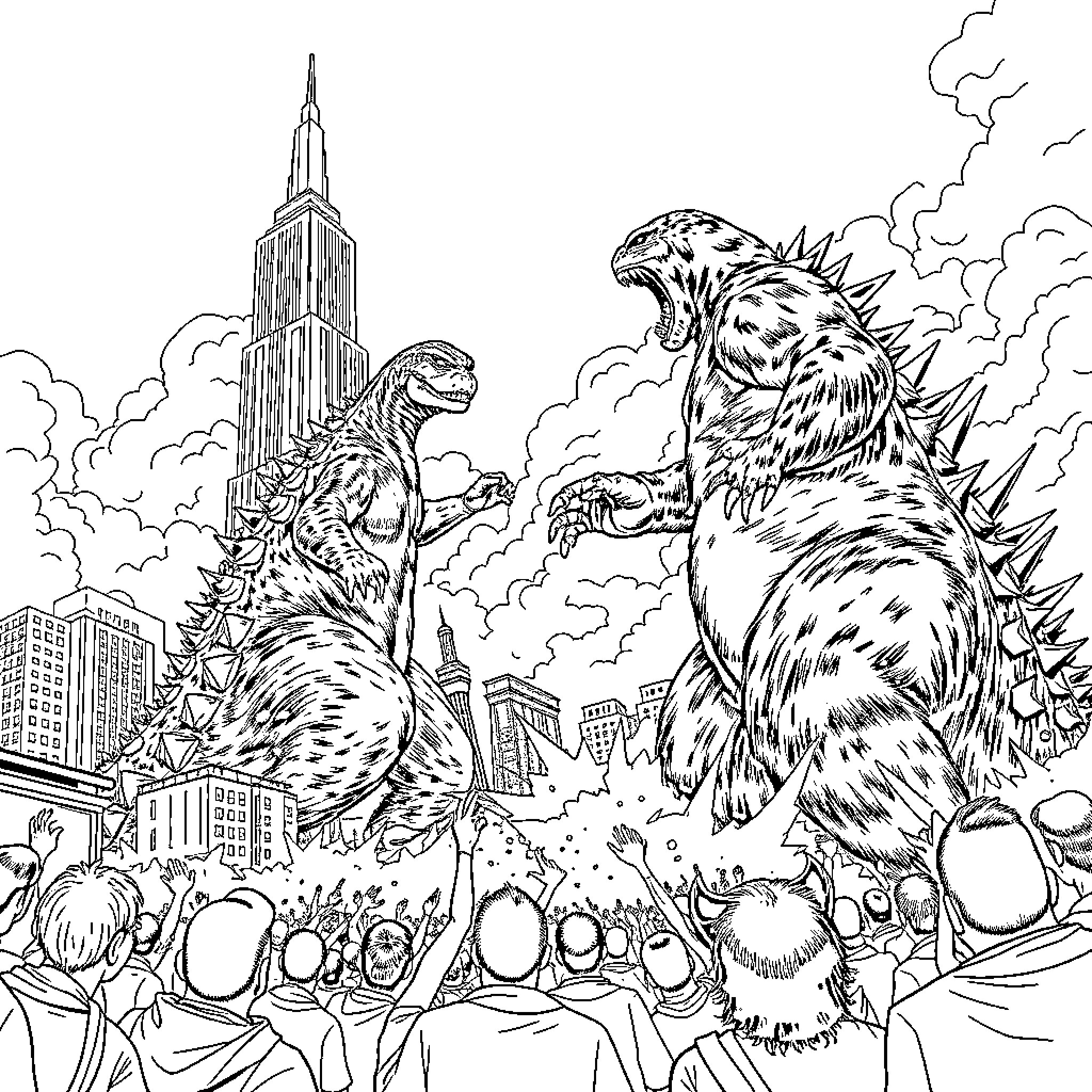 Godzilla wreaking havoc in the city Coloring Page (free black-and-white line drawing printable PDF for all, from beginners to advanced learners, including children, teens, adults, and seniors)