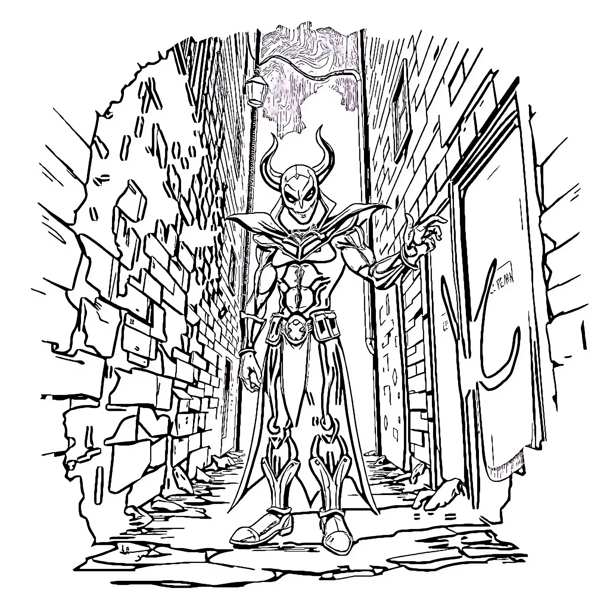 Spawn: Menacing Warrior in Dystopian Realm Coloring Page (free black-and-white line drawing printable PDF for all, from beginners to advanced learners, including children, teens, adults, and seniors)