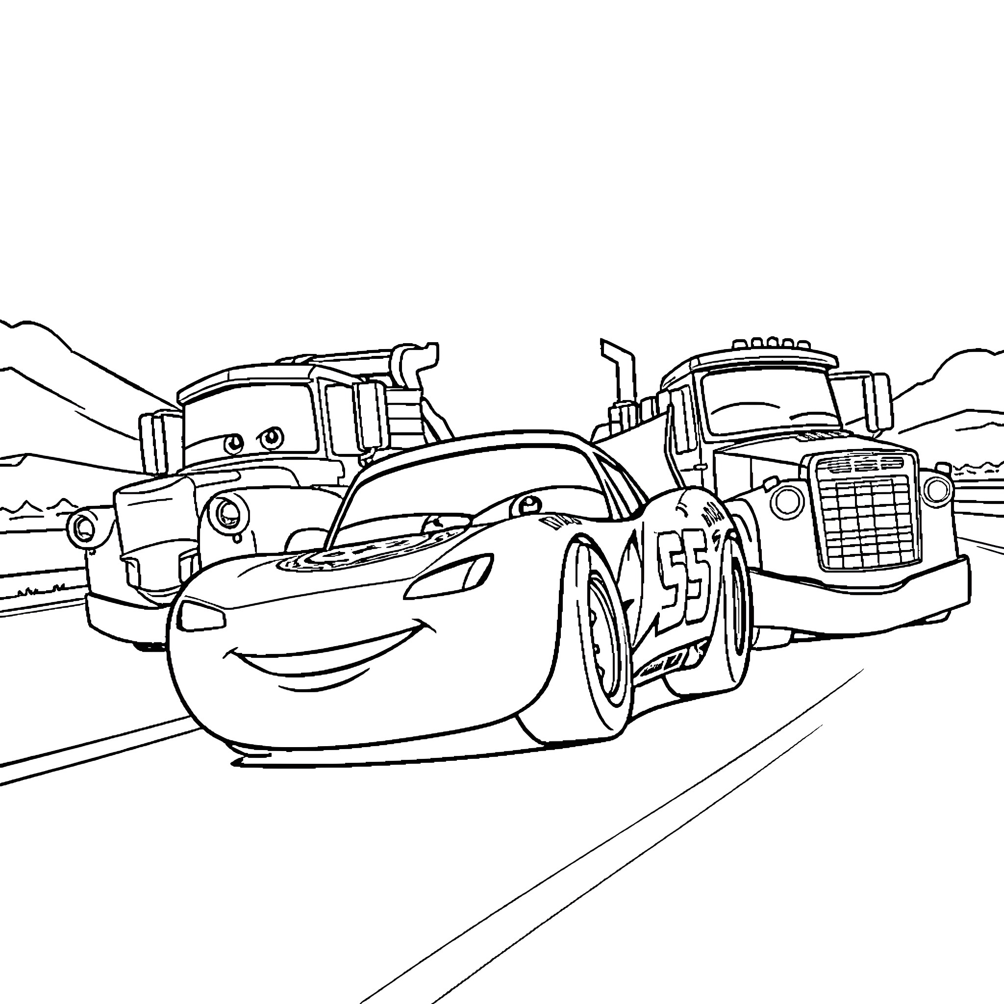 Car characters on the road in adventure Coloring Page (free black-and-white line drawing printable PDF for all, from beginners to advanced learners, including children, teens, adults, and seniors)