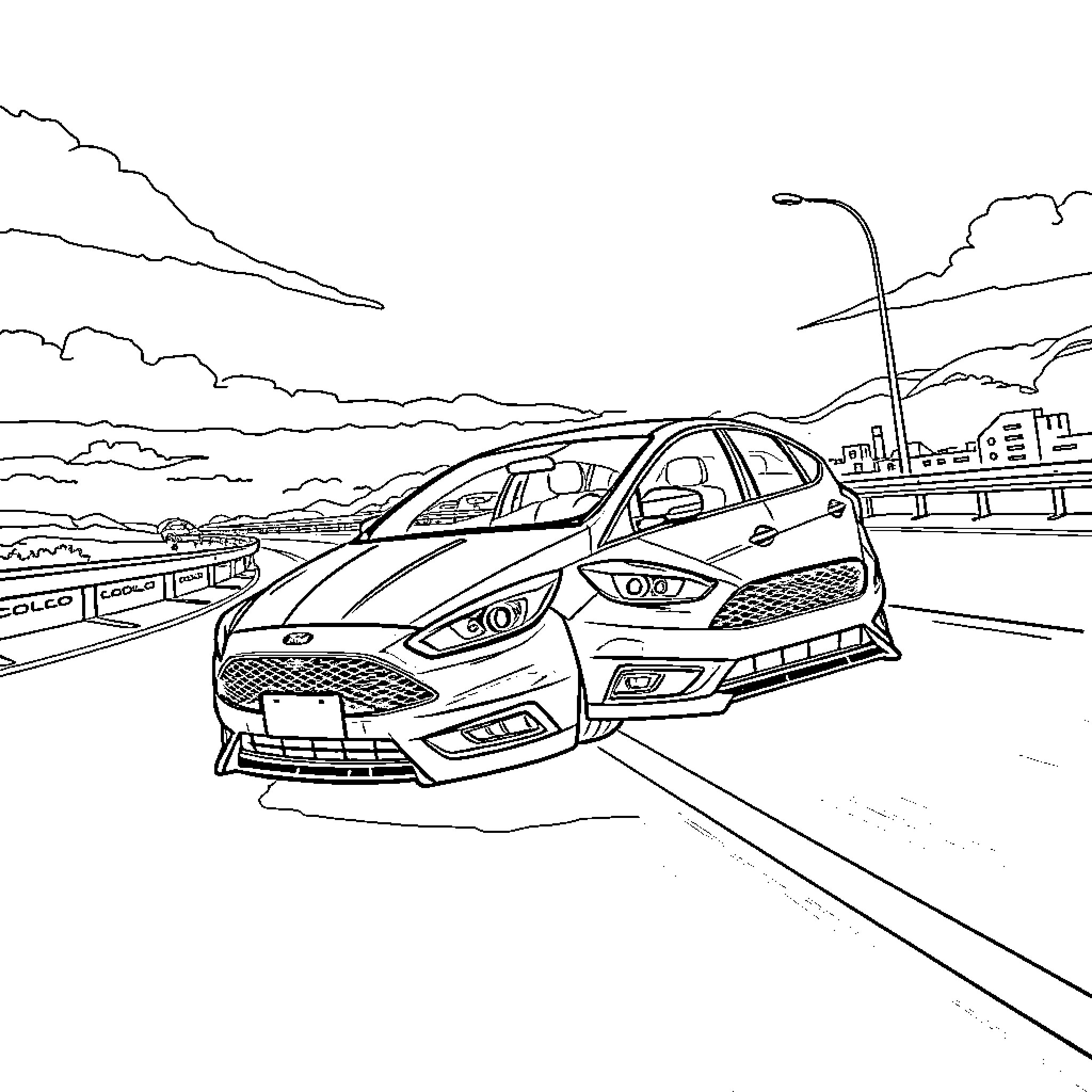 Ford Focus speeding on the highway Coloring Page (free black-and-white line drawing printable PDF for all, from beginners to advanced learners, including children, teens, adults, and seniors)