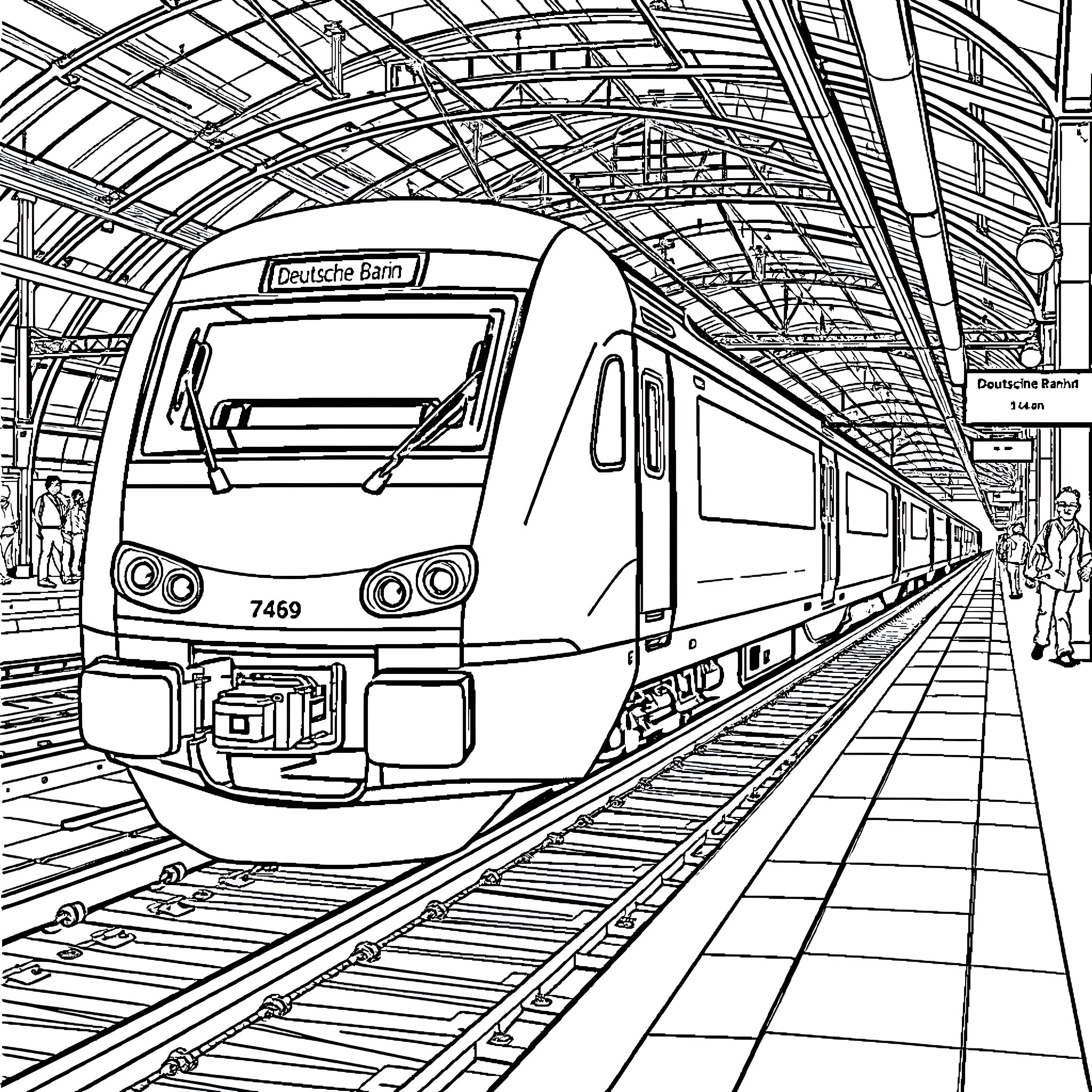 Train arriving at the station platform Coloring Page (free black-and-white line drawing printable PDF for all, from beginners to advanced learners, including children, teens, adults, and seniors)