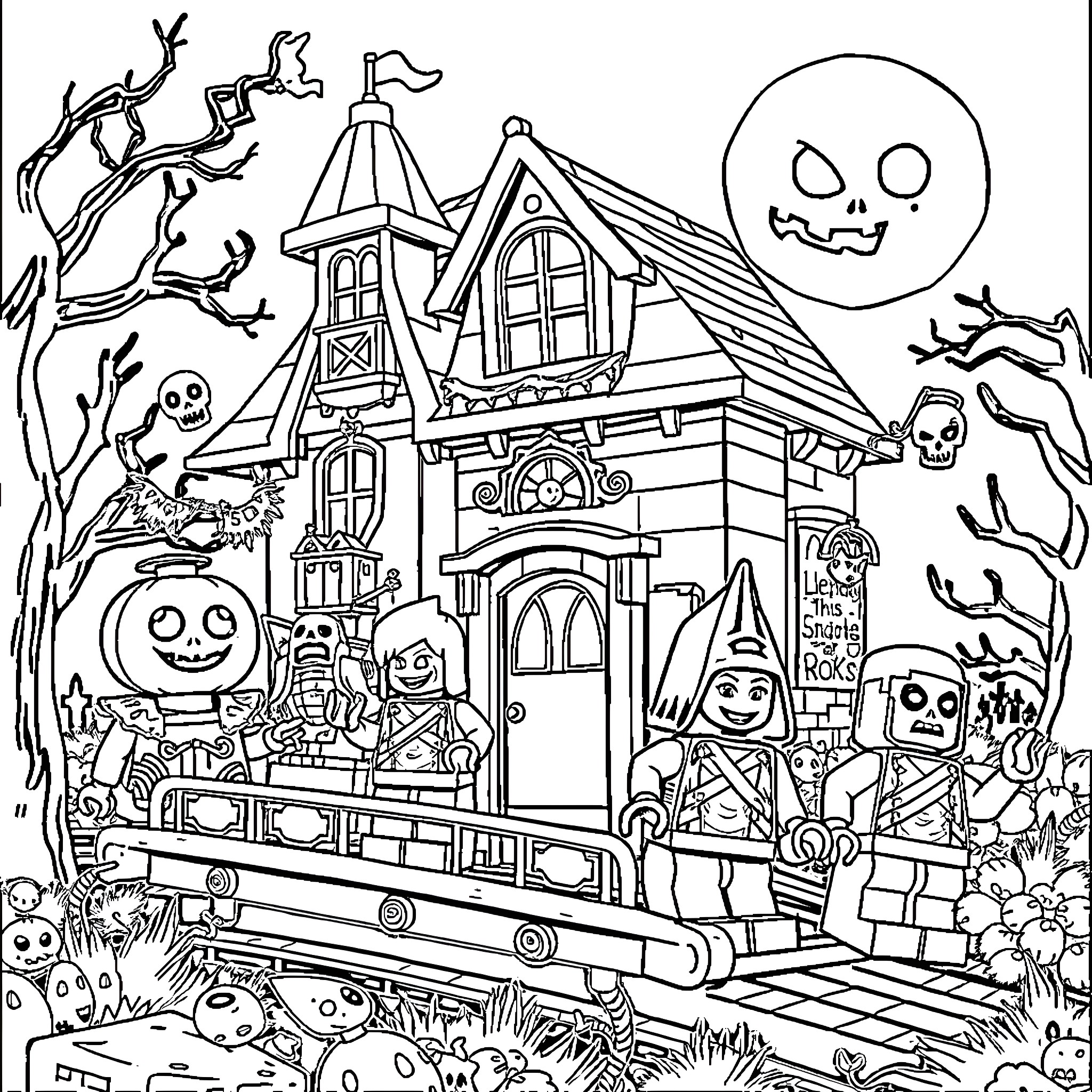 Haunted House with Trick-or-Treaters and Ghosts Coloring Page (free black-and-white line drawing printable PDF for all, from beginners to advanced learners, including children, teens, adults, and seniors)