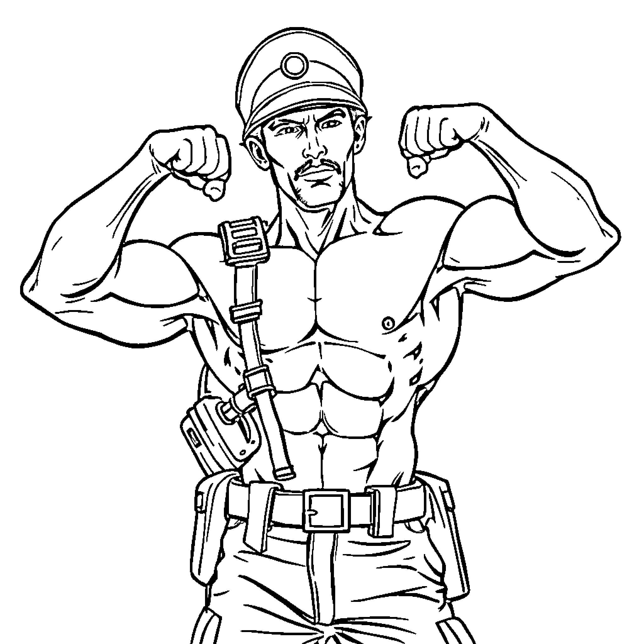 Army Man Flexing Muscular Physique in Uniform Coloring Page (free black-and-white line drawing printable PDF for all, from beginners to advanced learners, including children, teens, adults, and seniors)