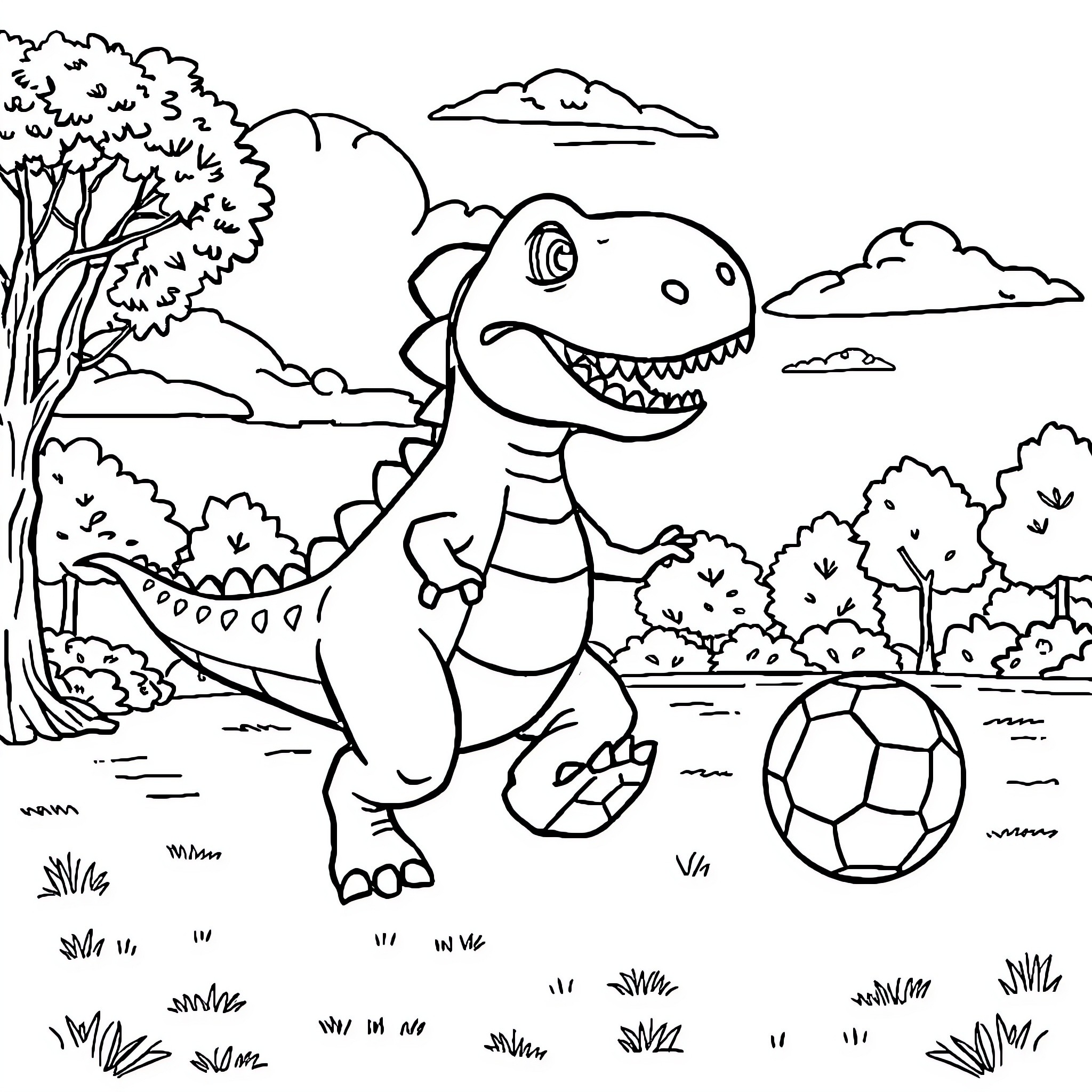 Dinosaur playing with soccer ball in nature Coloring Page (free black-and-white line drawing printable PDF for all, from beginners to advanced learners, including children, teens, adults, and seniors)