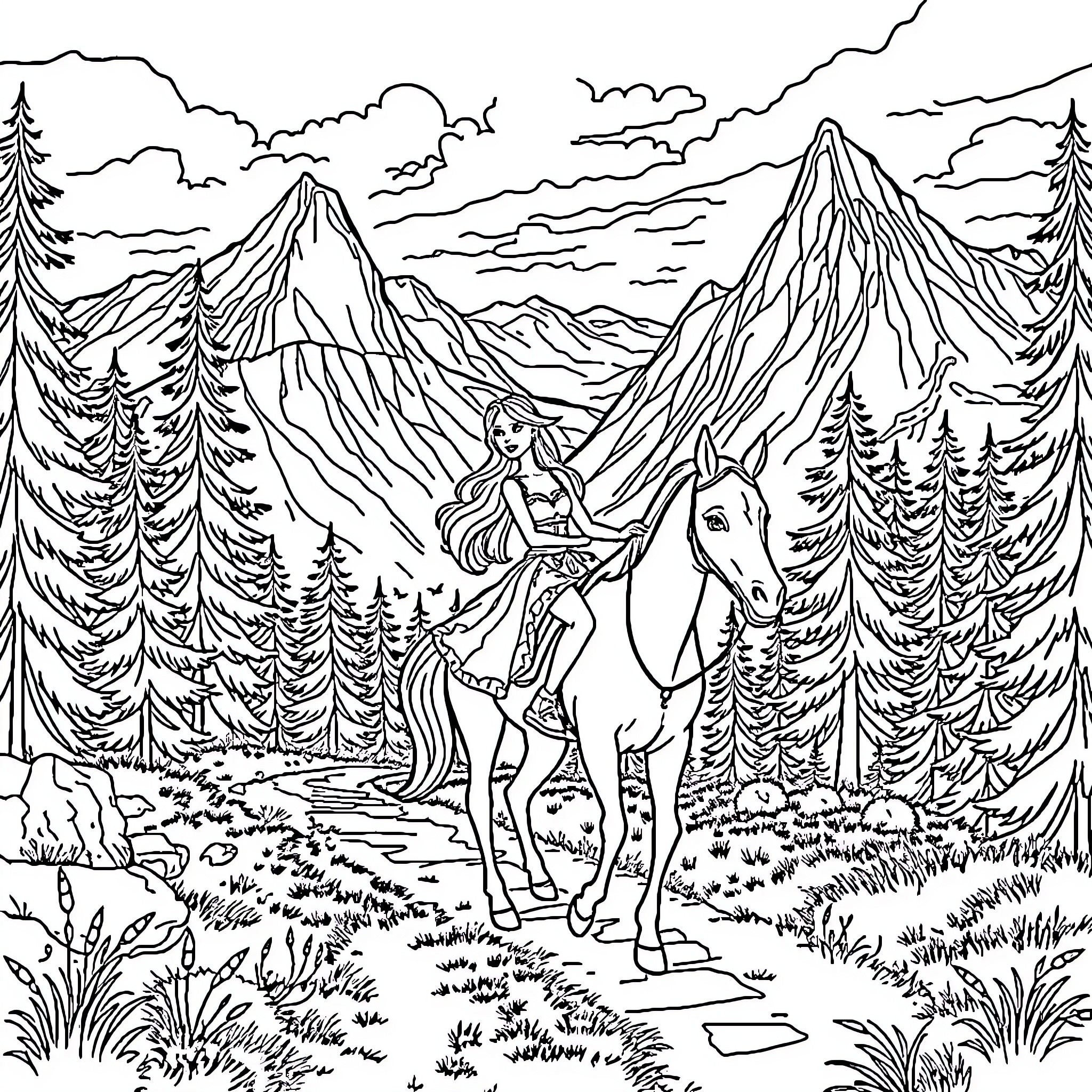 Barbie's Enchanting Mountain Adventure Coloring Page (free black-and-white line drawing printable PDF for all, from beginners to advanced learners, including children, teens, adults, and seniors)