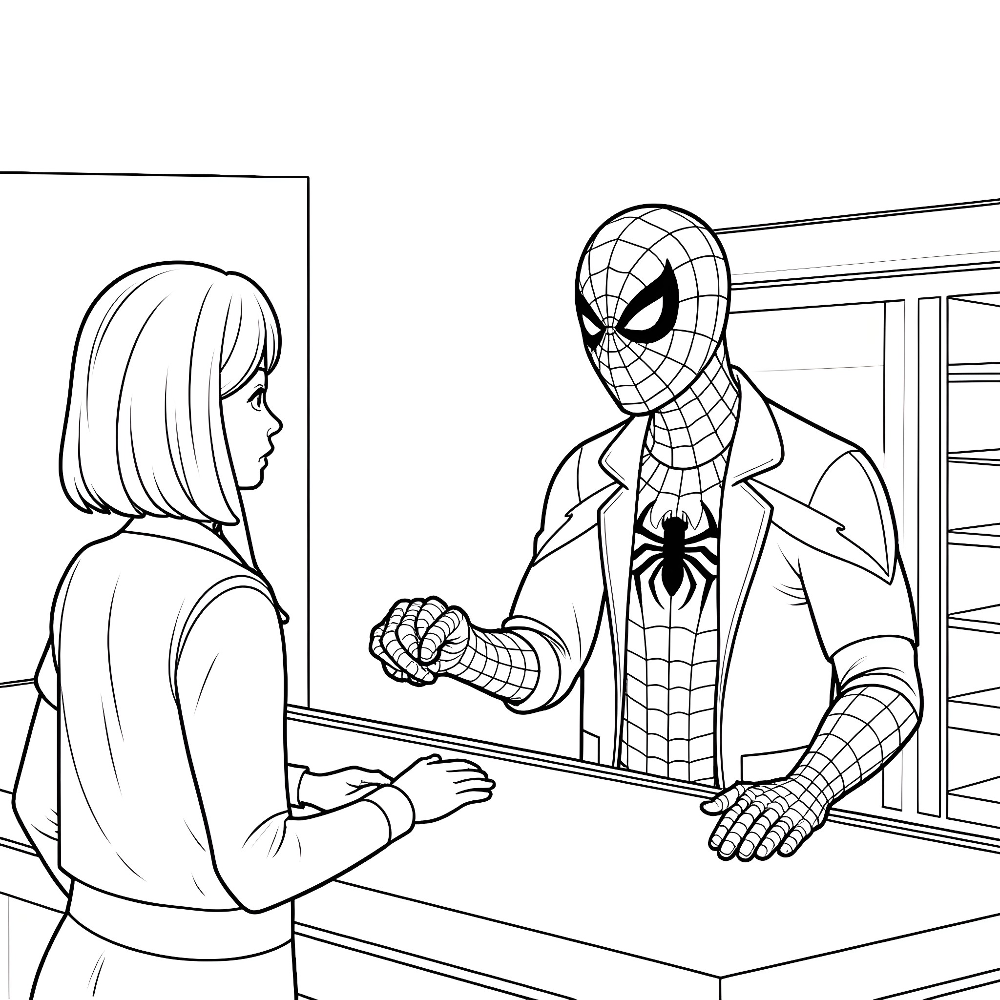 Spiderman meeting with a young woman in an office setting Coloring Page (free black-and-white line drawing printable PDF for all, from beginners to advanced learners, including children, teens, adults, and seniors)