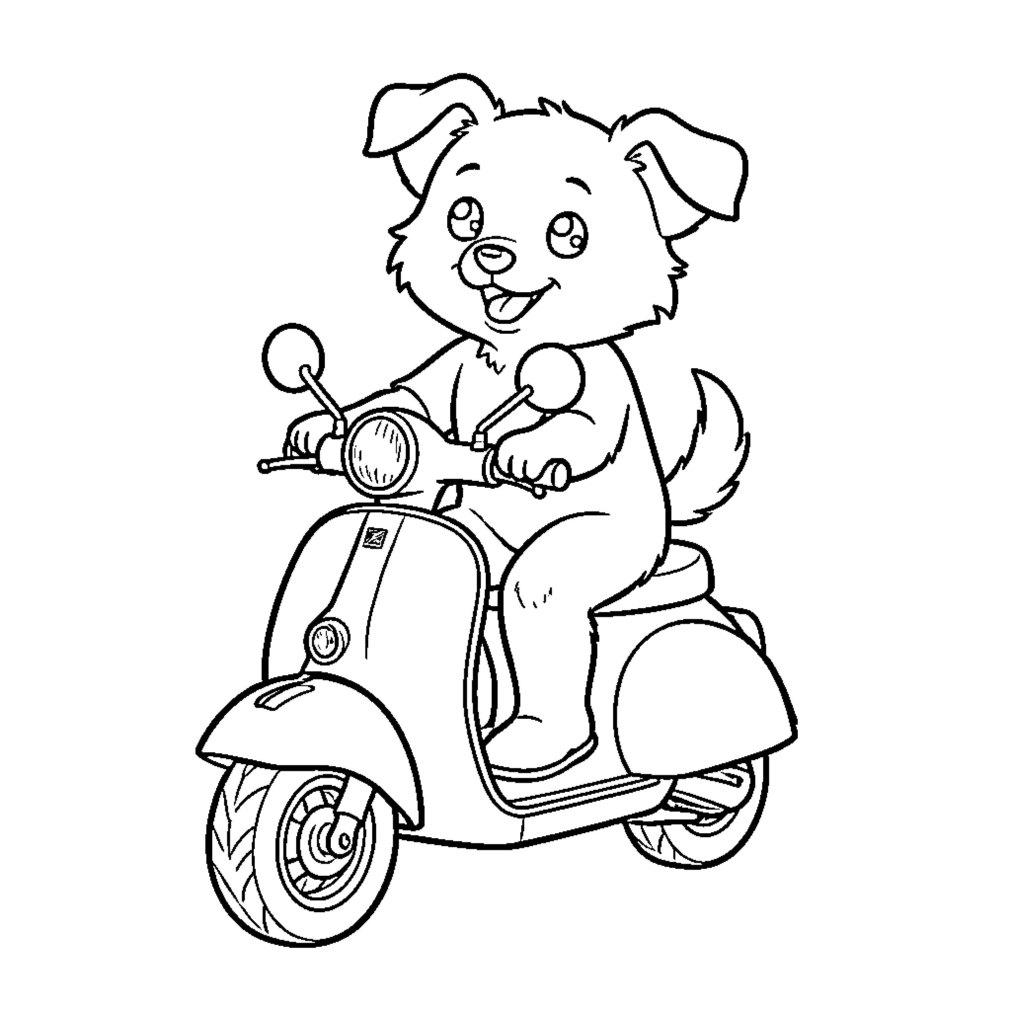 Dog riding a scooter happily Coloring Page (free black-and-white line drawing printable PDF for all, from beginners to advanced learners, including children, teens, adults, and seniors)