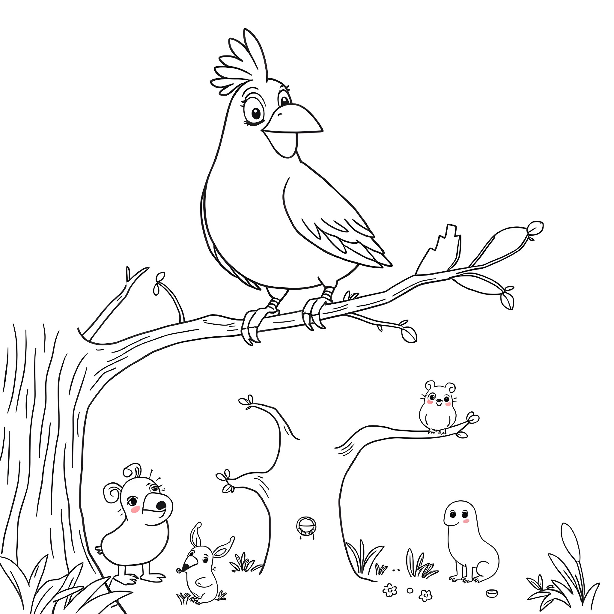 Bird perched on branch with whimsical forest creatures Coloring Page (free black-and-white line drawing printable PDF for all, from beginners to advanced learners, including children, teens, adults, and seniors)