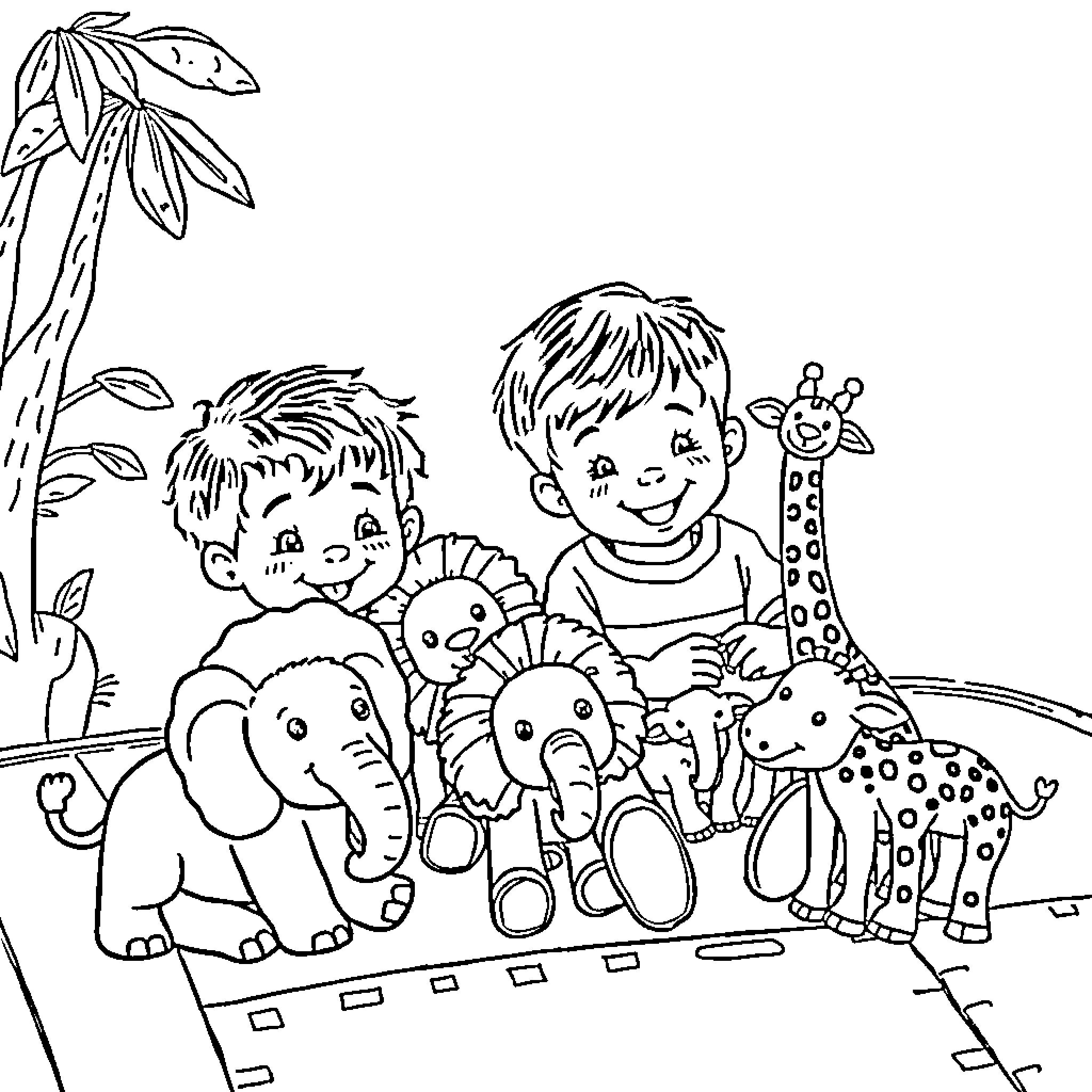 Toddler playing with toy animals in the jungle Coloring Page (free black-and-white line drawing printable PDF for all, from beginners to advanced learners, including children, teens, adults, and seniors)