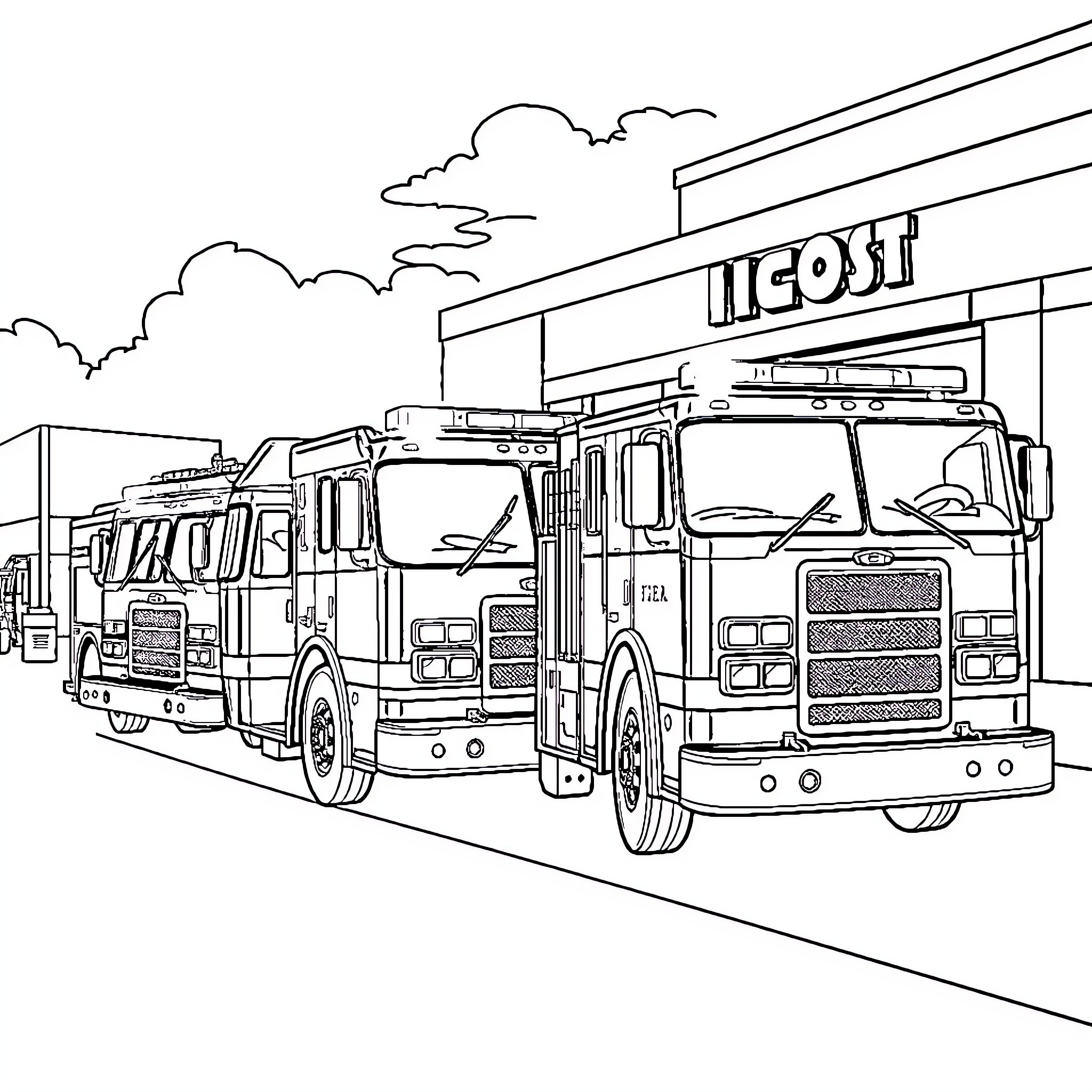 Firetruck responding to emergency call in the city Coloring Page (free black-and-white line drawing printable PDF for all, from beginners to advanced learners, including children, teens, adults, and seniors)