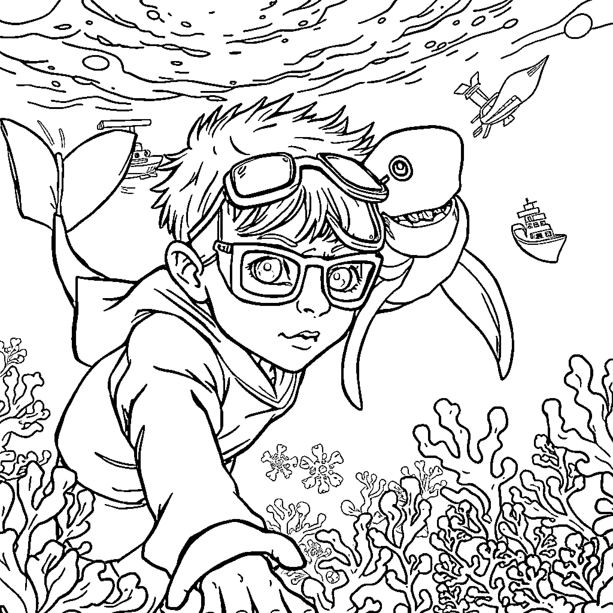 Niño exploring the underwater world Coloring Page (free black-and-white line drawing printable PDF for all, from beginners to advanced learners, including children, teens, adults, and seniors)