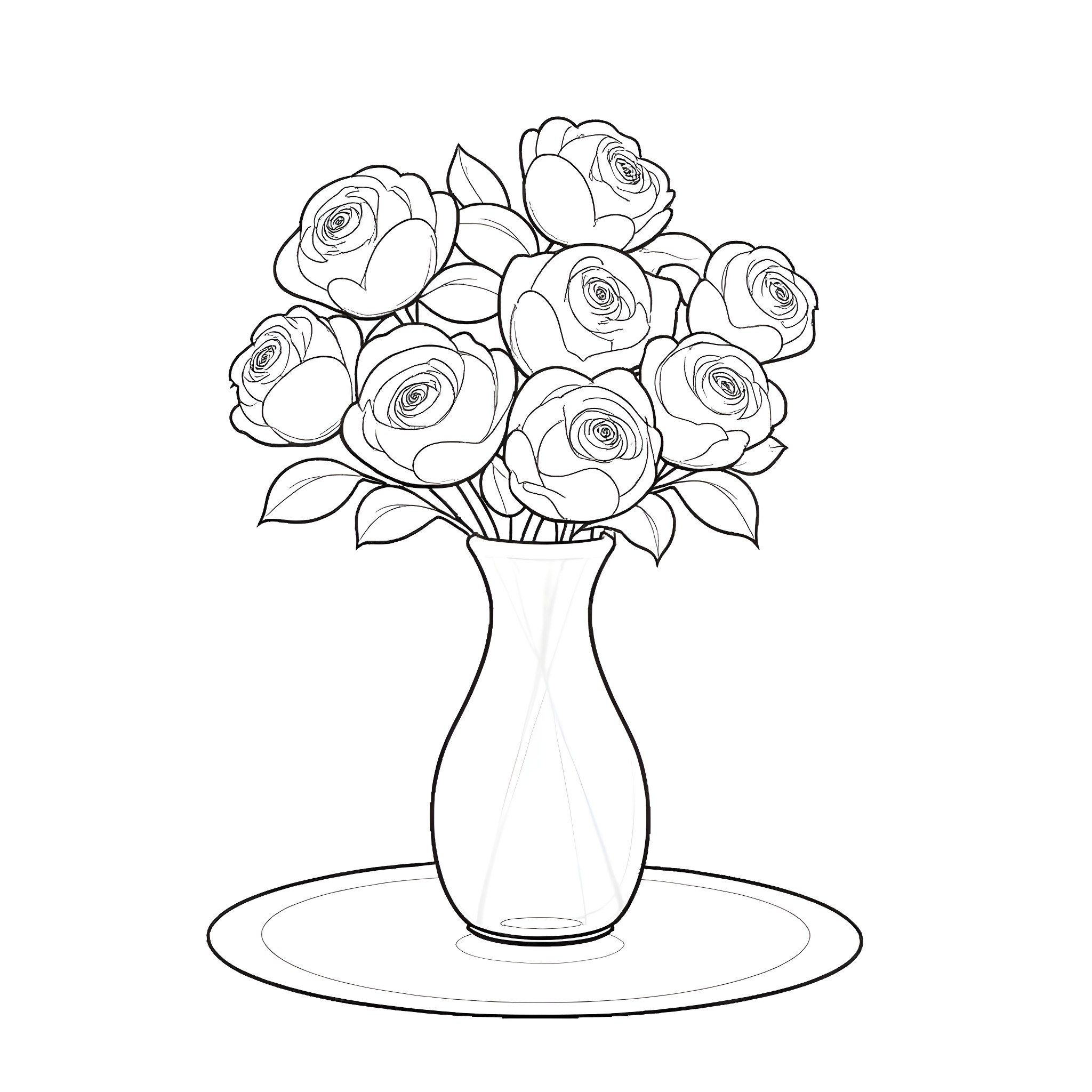 Rose Bouquet in Vase Coloring Page (free black-and-white line drawing printable PDF for all, from beginners to advanced learners, including children, teens, adults, and seniors)