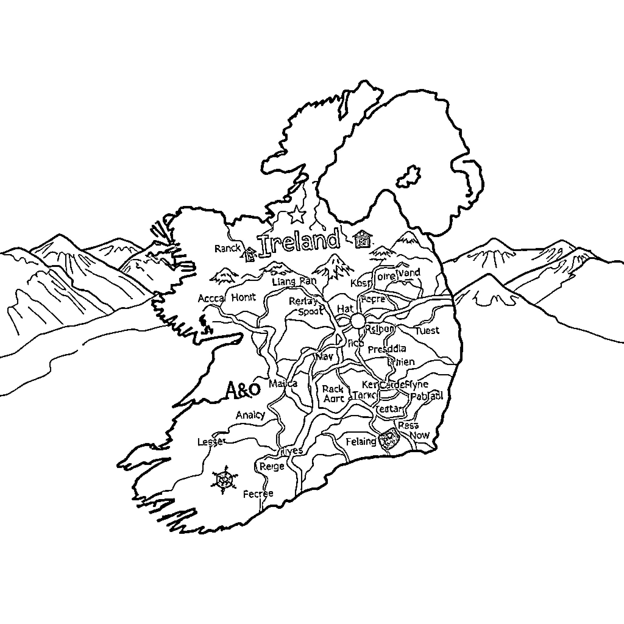 Ireland map outlined on a mountainous landscape Coloring Page (free black-and-white line drawing printable PDF for all, from beginners to advanced learners, including children, teens, adults, and seniors)