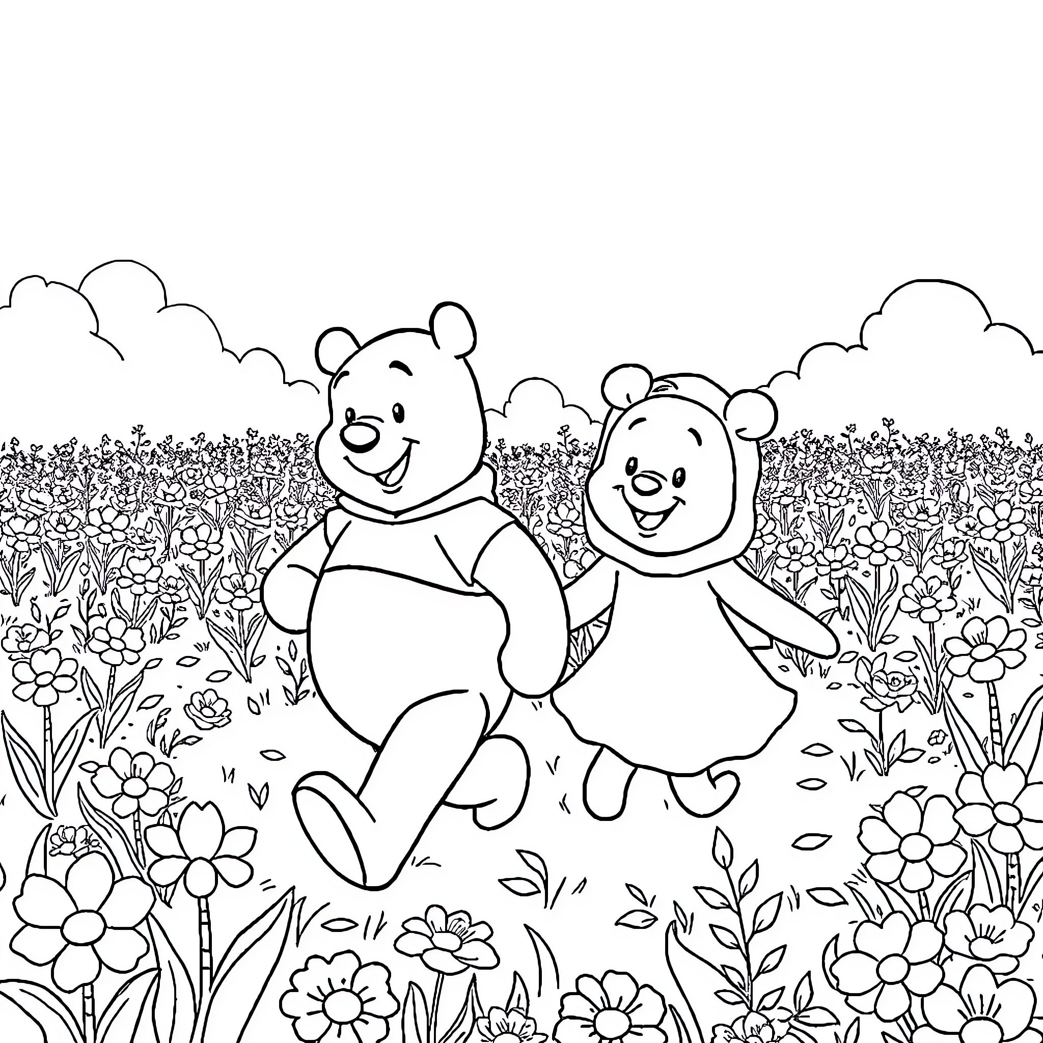 Winnie and Pals Frolicking in the Flowery Field Coloring Page (free black-and-white line drawing printable PDF for all, from beginners to advanced learners, including children, teens, adults, and seniors)