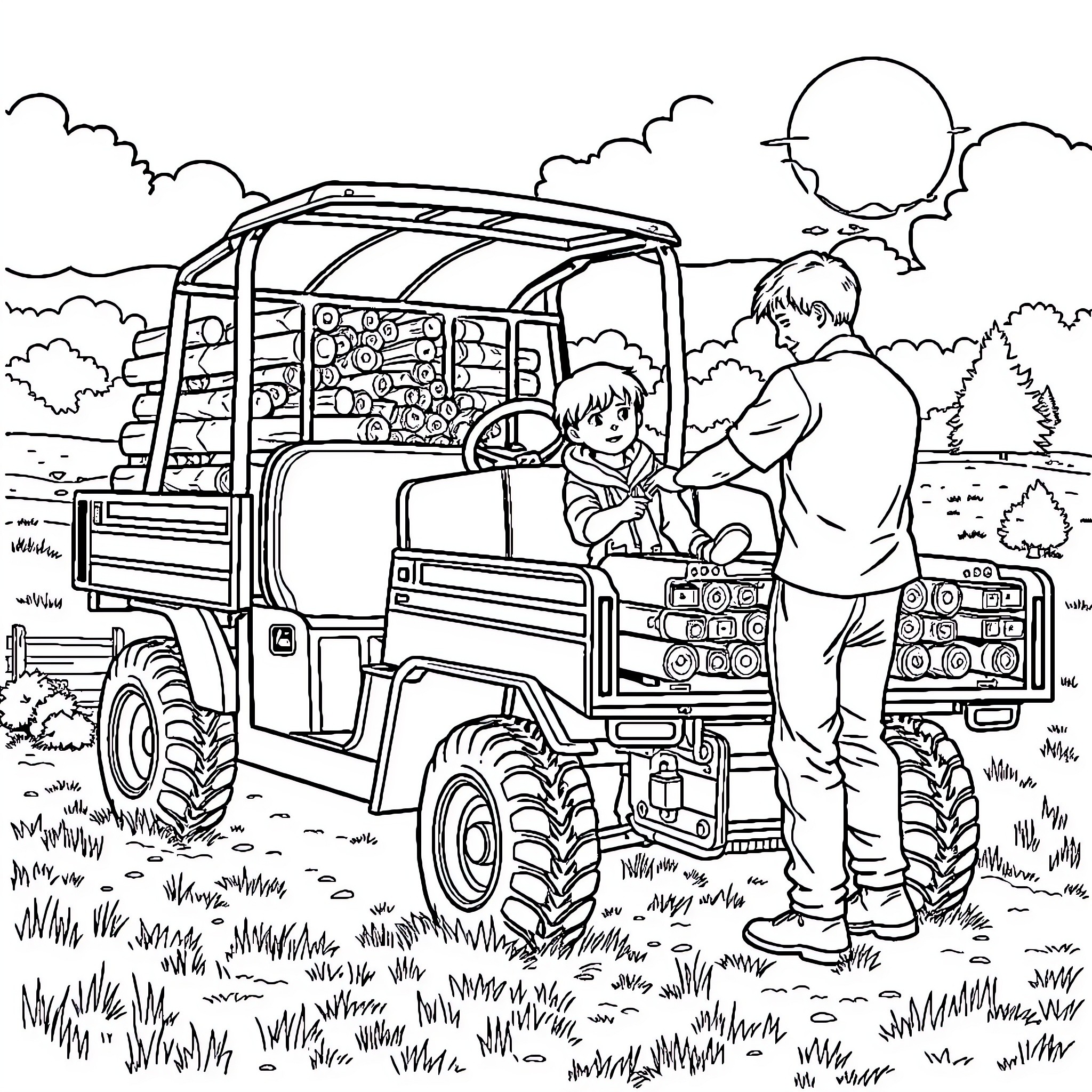 John Deere truck helping children in rural landscape Coloring Page (free black-and-white line drawing printable PDF for all, from beginners to advanced learners, including children, teens, adults, and seniors)