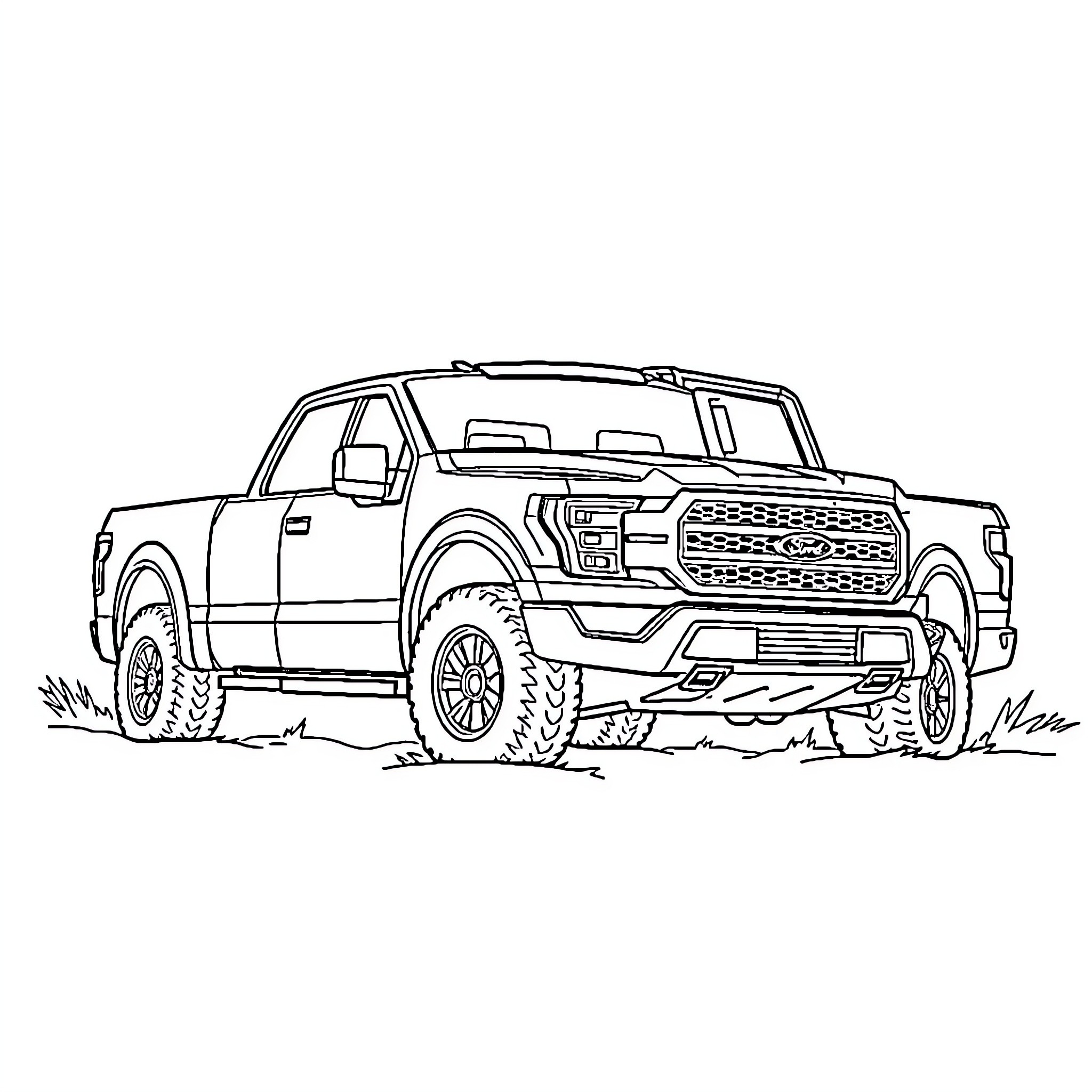F-150 off-road truck in action Coloring Page (free black-and-white line drawing printable PDF for all, from beginners to advanced learners, including children, teens, adults, and seniors)
