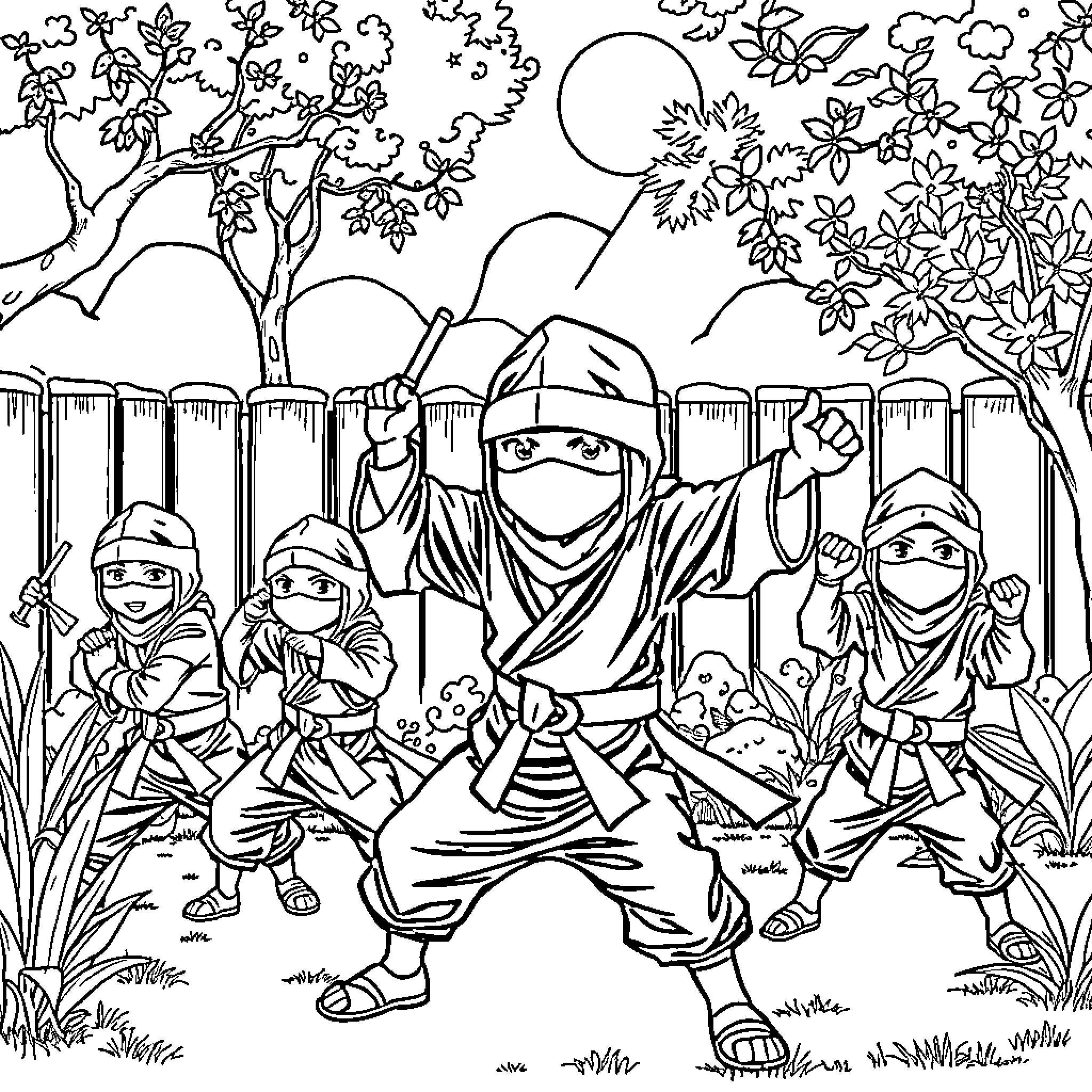 Ninja warriors in the forest Coloring Page (free black-and-white line drawing printable PDF for all, from beginners to advanced learners, including children, teens, adults, and seniors)