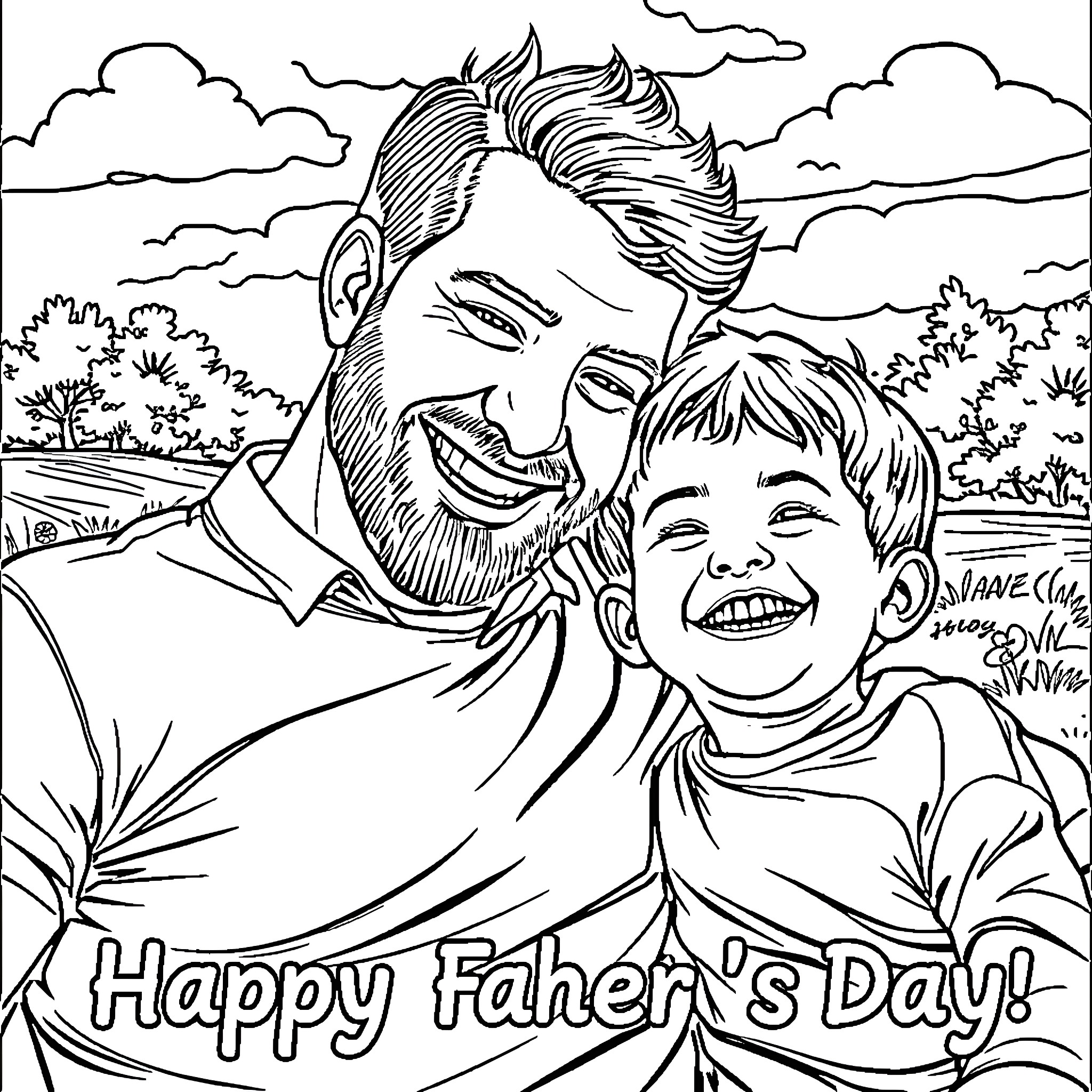Dad and son enjoy outdoor adventure on Father's Day Coloring Page (free black-and-white line drawing printable PDF for all, from beginners to advanced learners, including children, teens, adults, and seniors)