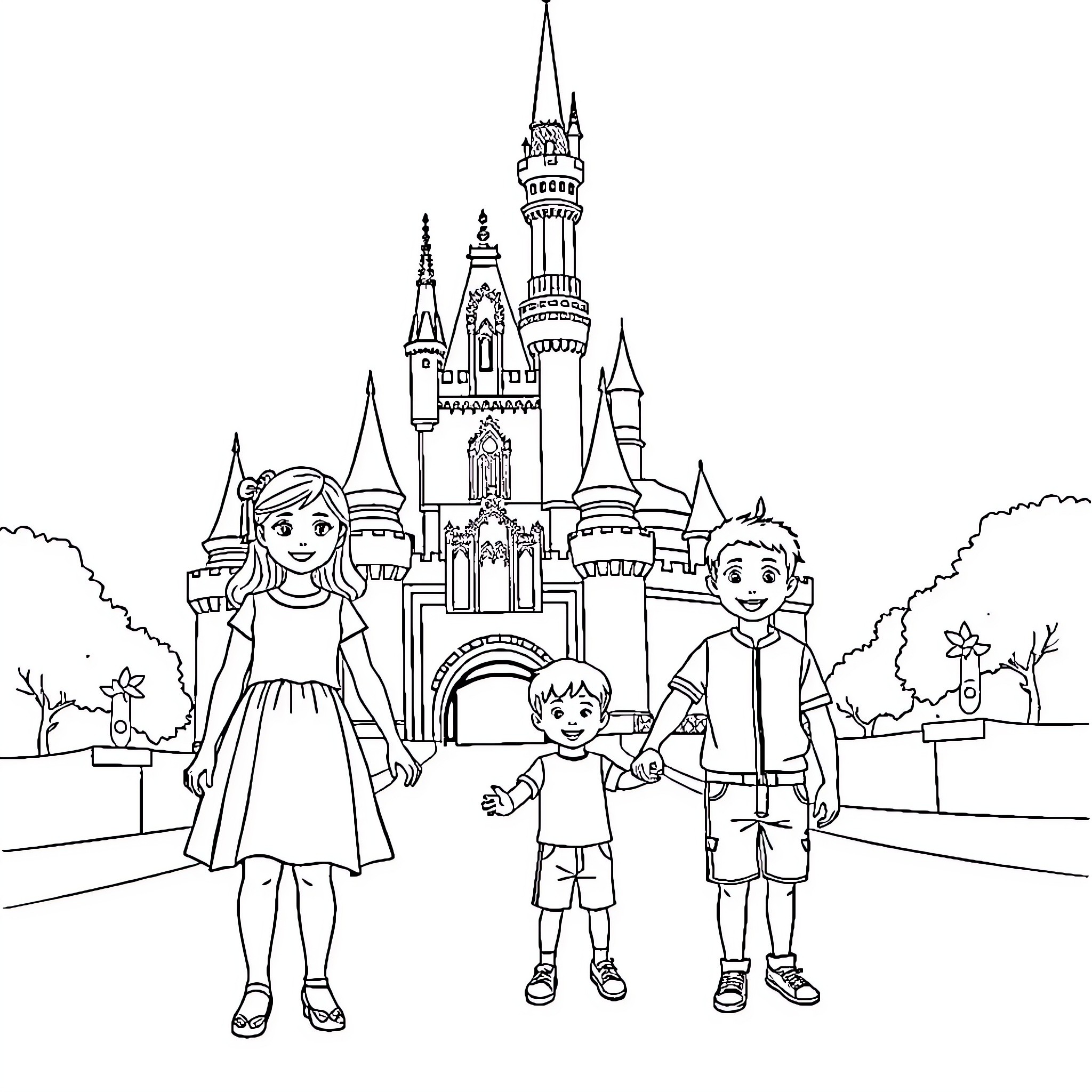 Child and family exploring magical castle Coloring Page (free black-and-white line drawing printable PDF for all, from beginners to advanced learners, including children, teens, adults, and seniors)