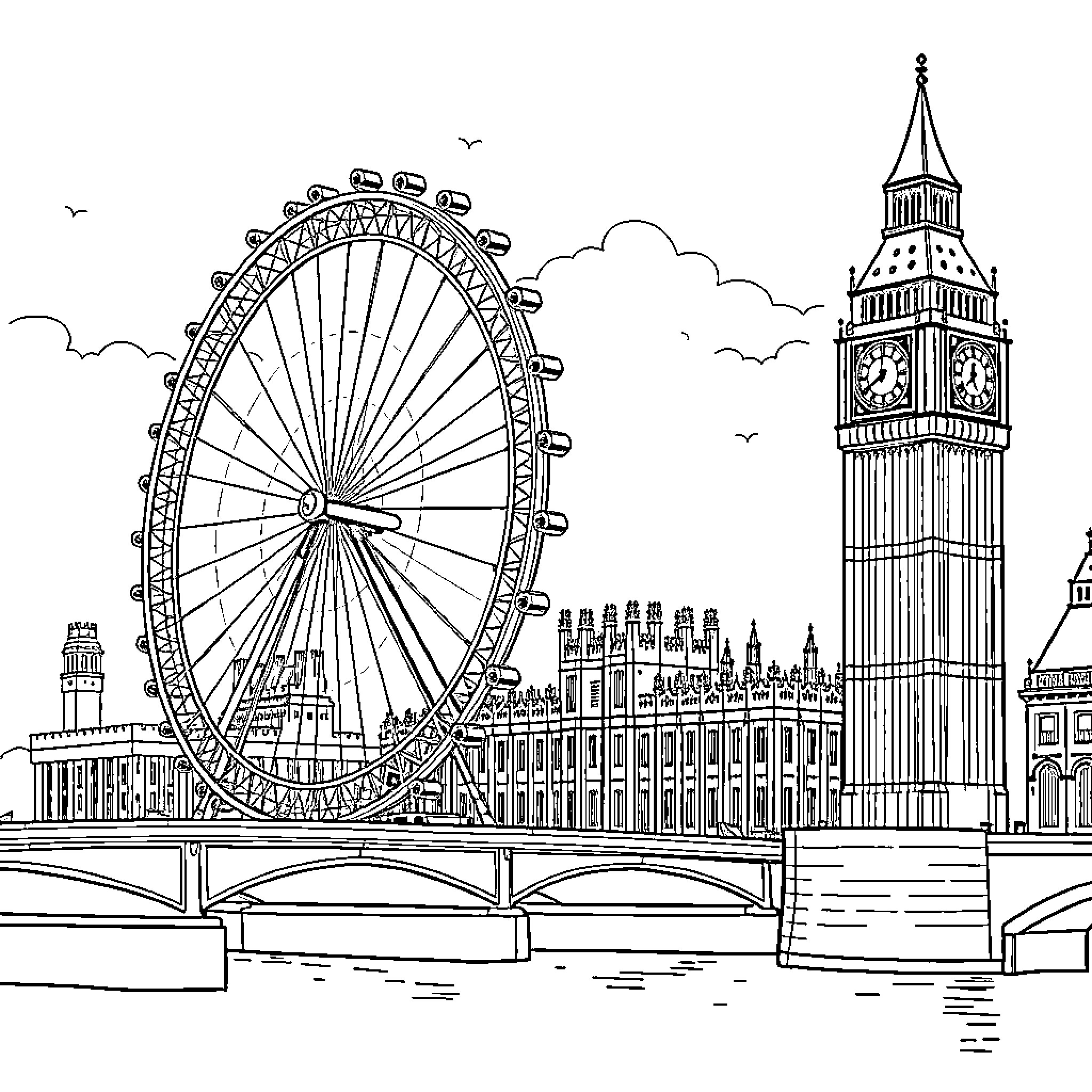 London Eye and Big Ben in Iconic London Cityscape Coloring Page (free black-and-white line drawing printable PDF for all, from beginners to advanced learners, including children, teens, adults, and seniors)