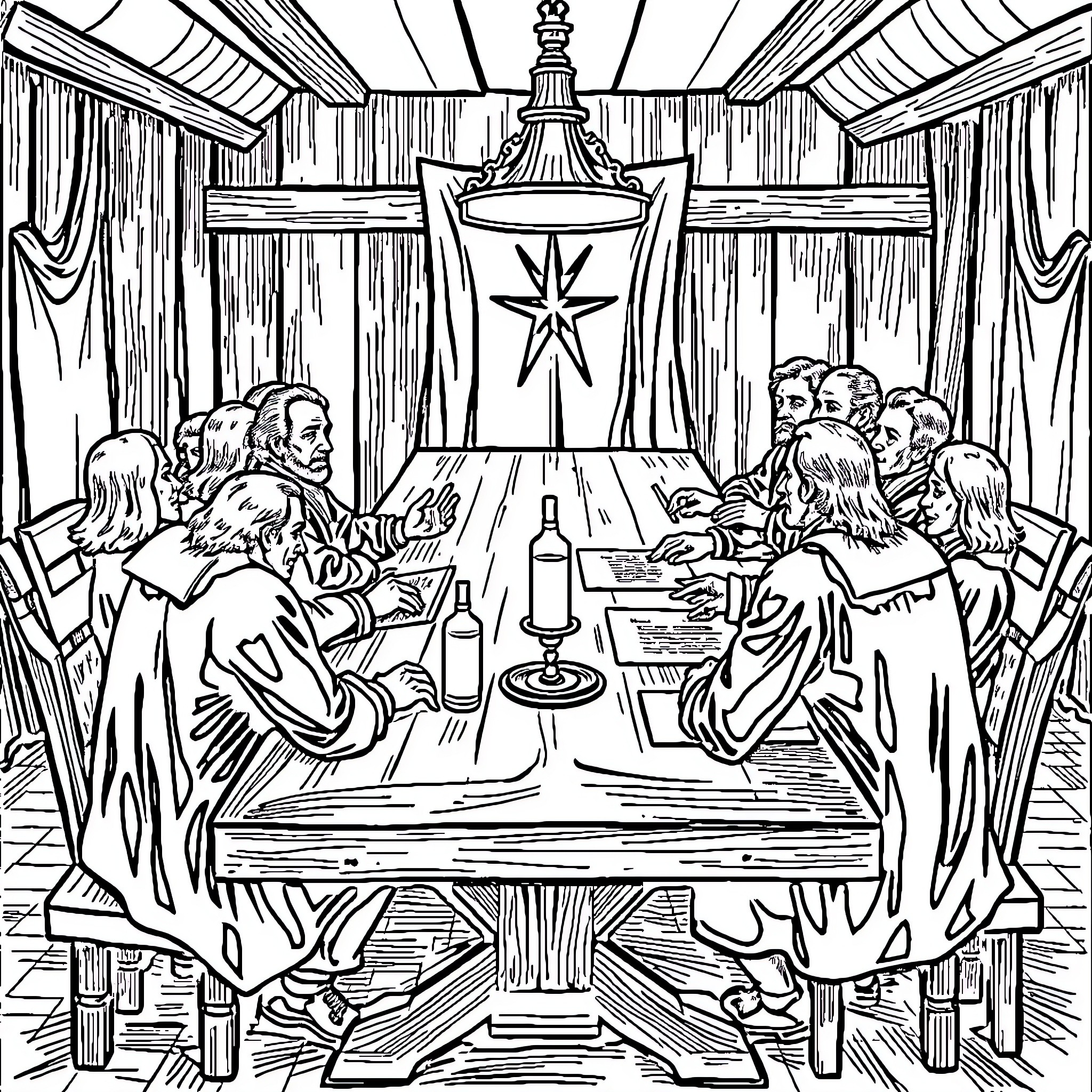 Founding Father's Historic Conference in Ornate Chamber Coloring Page (free black-and-white line drawing printable PDF for all, from beginners to advanced learners, including children, teens, adults, and seniors)